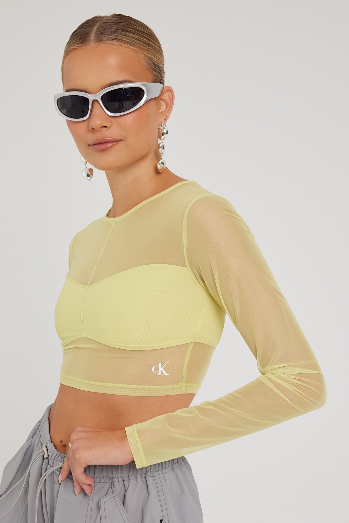 Calvin Klein CK Mesh Long Sleeve Crop Top Yellow Sand