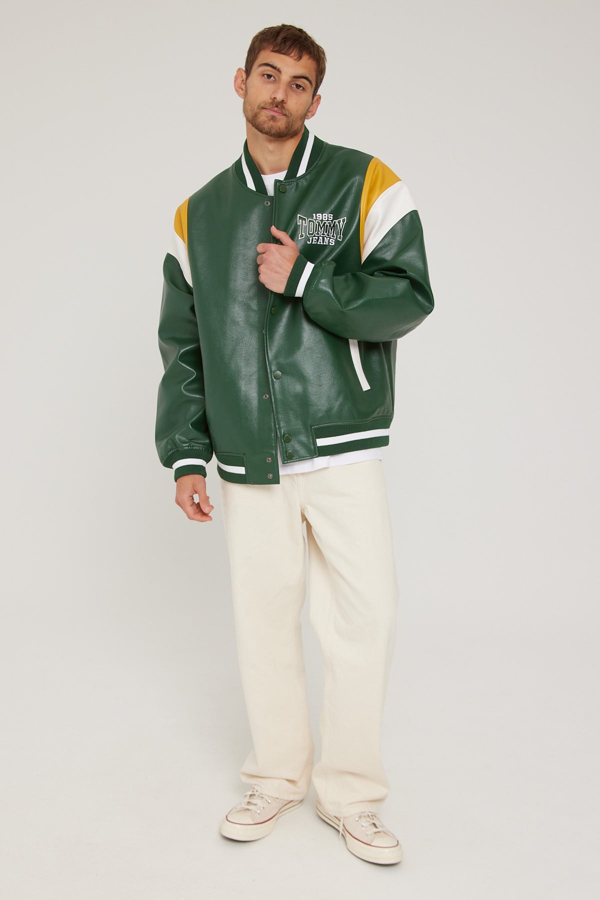 Tommy Jeans TJM RLX Faux Leather Letterman Collegiate Green