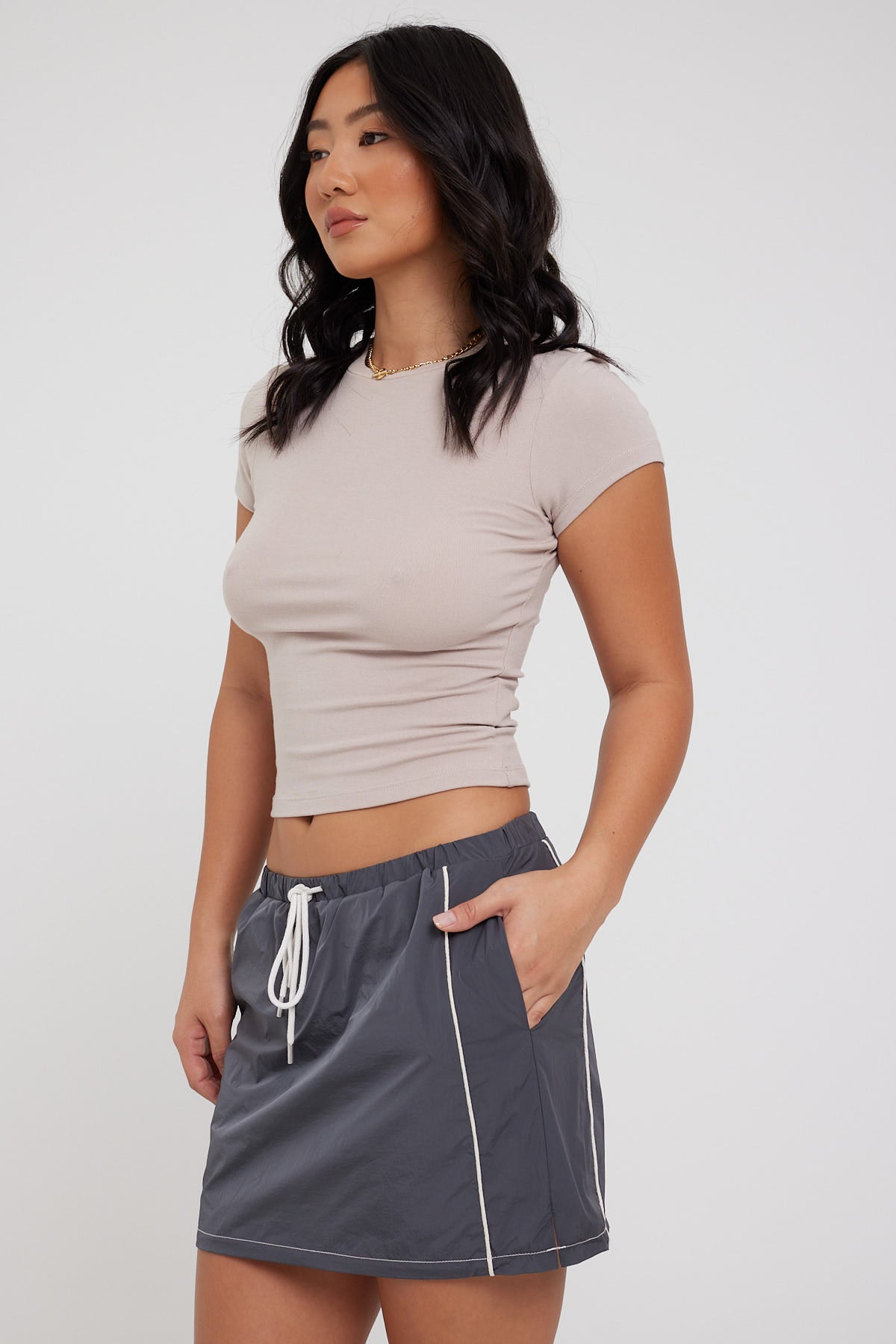 Perfect Stranger Contrast Piping Mid Rise Mini Skirt Charcoal