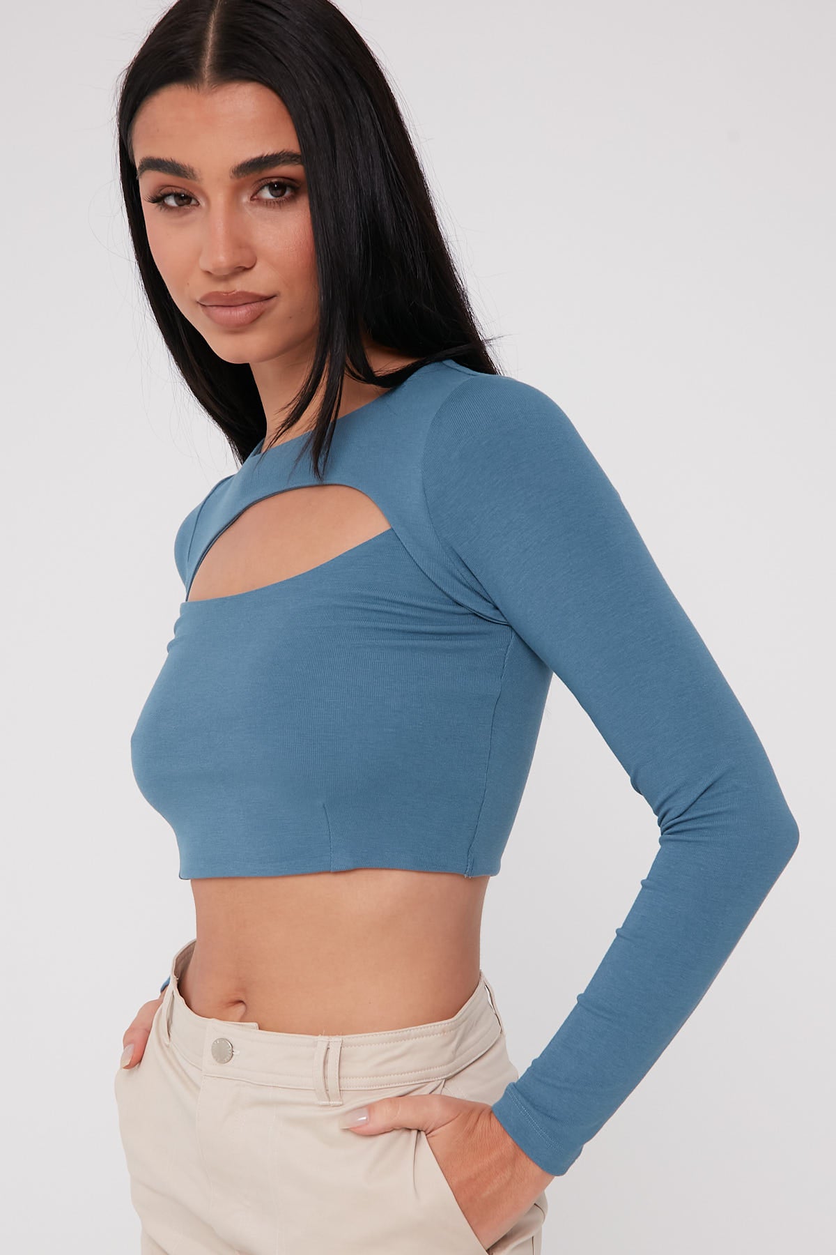 Perfect Stranger Cut Out Long Sleeve Top Teal