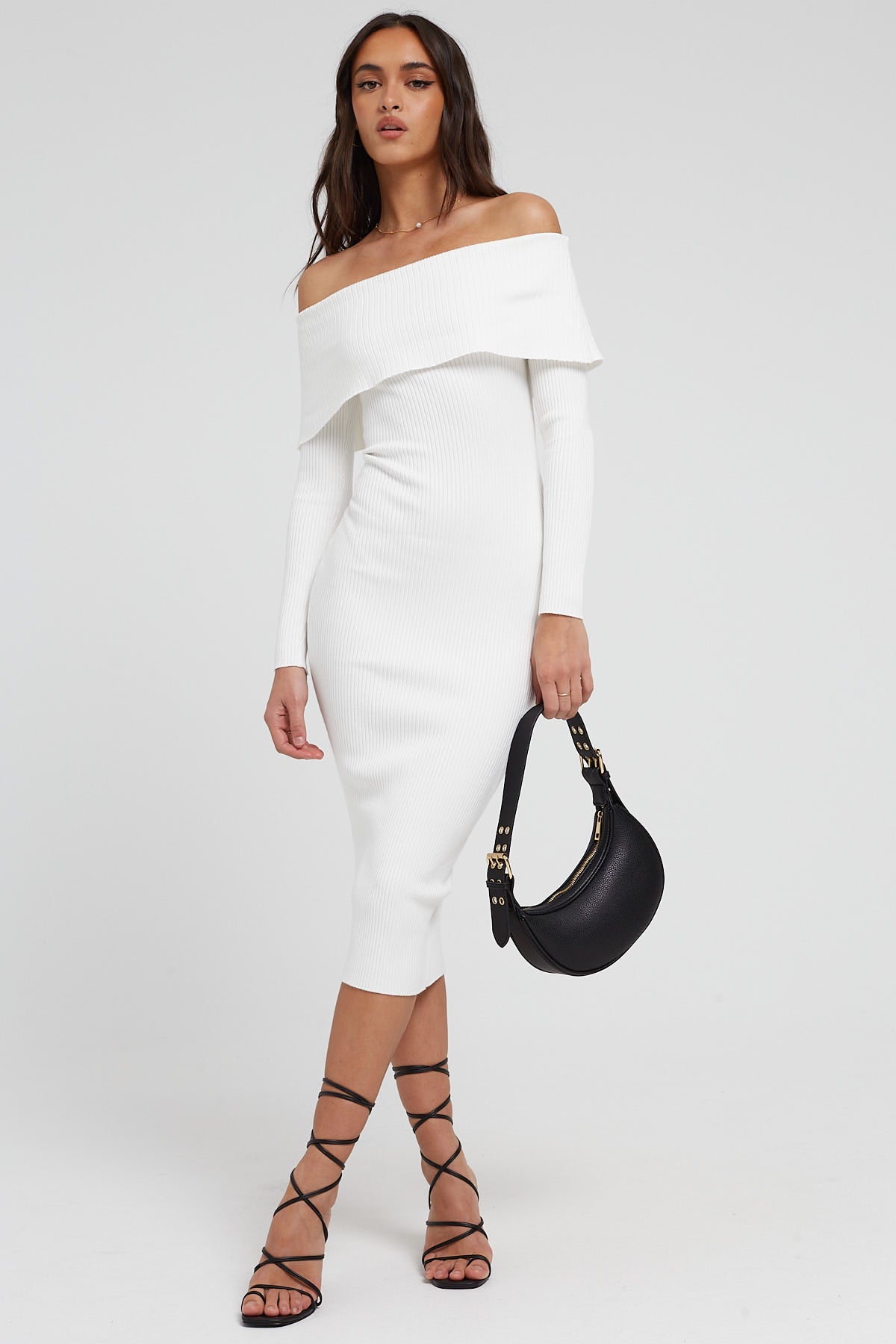 Perfect Stranger Off Shoulder Knit Midi Dress White