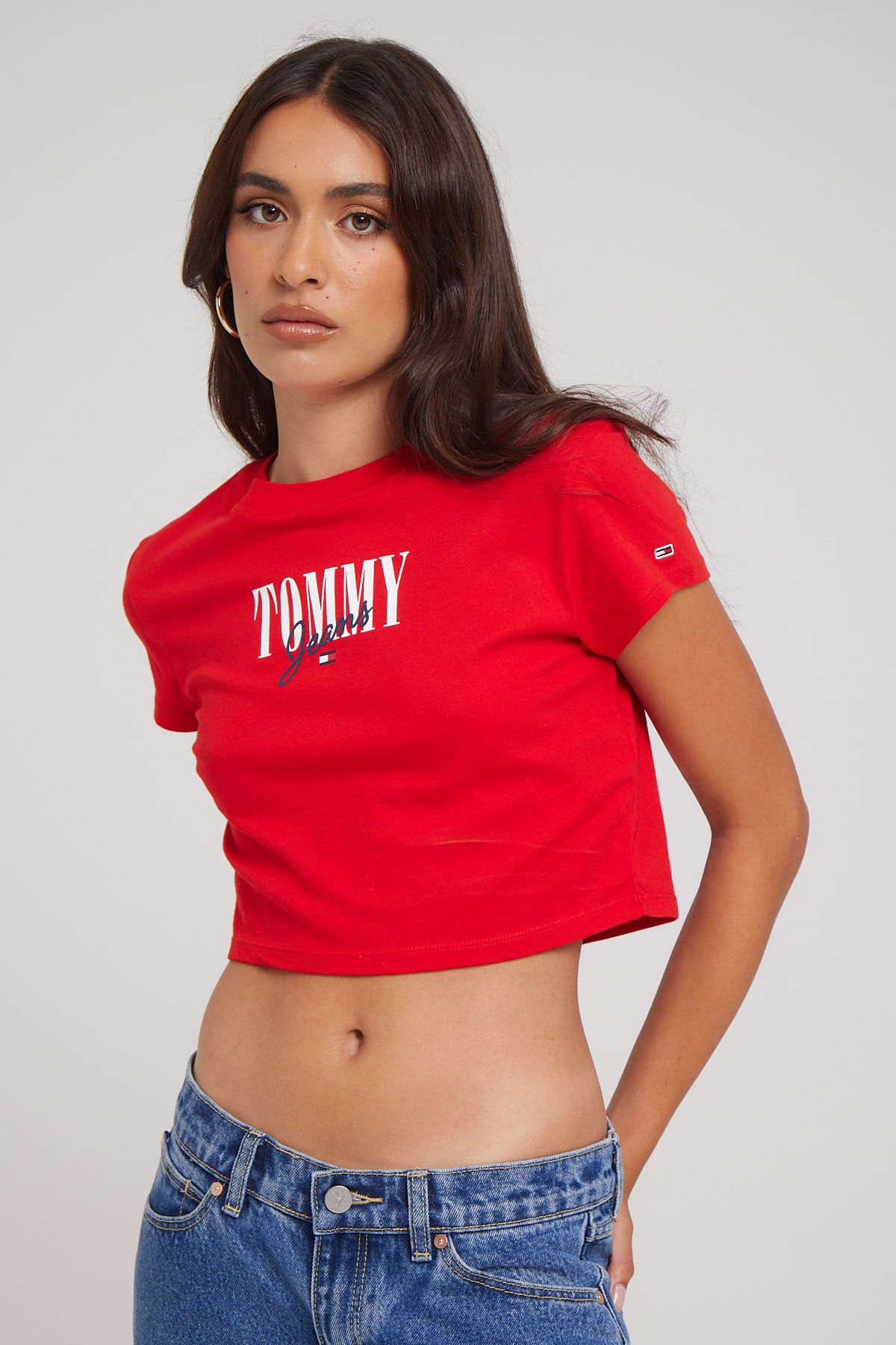 Tommy Jeans Baby Crop Essential Logo Tee Deep Crimson