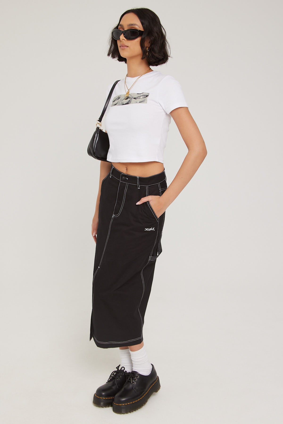 X-girl Contrast Stitch Midi Skirt Black