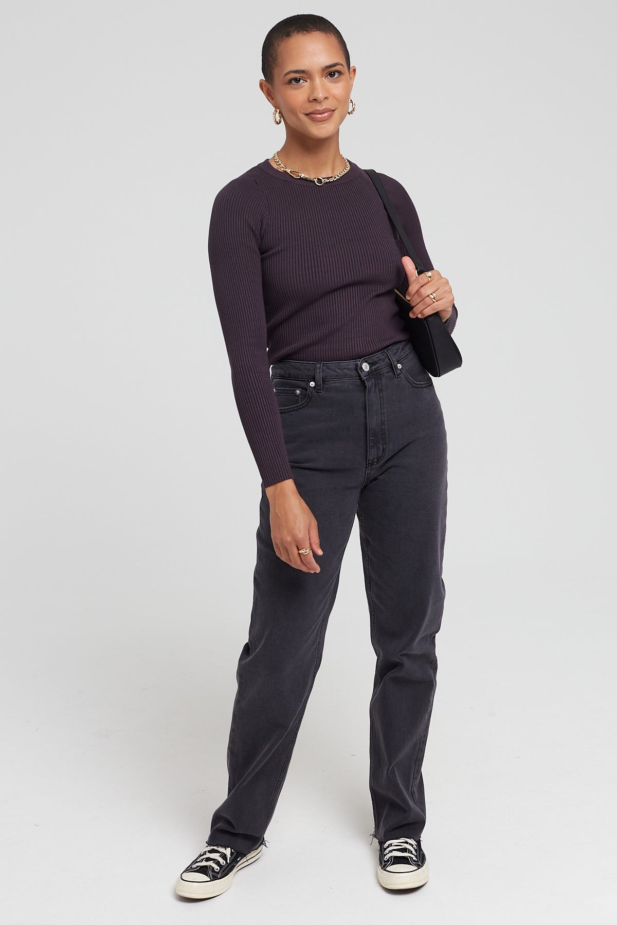 Perfect Stranger Basic Long Sleeve Knit Top Charcoal