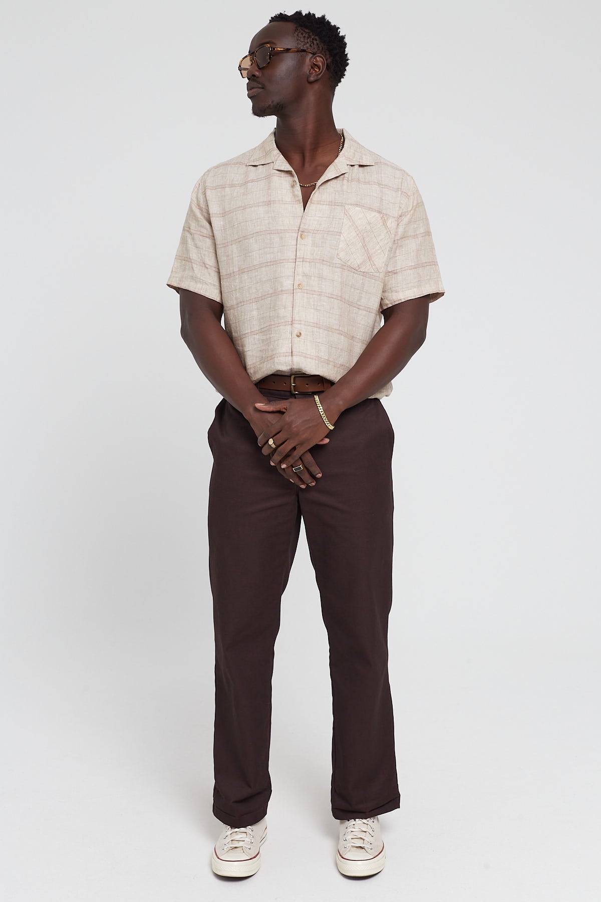 Barney Cools Resort Linen Shirt Bronze Plaid