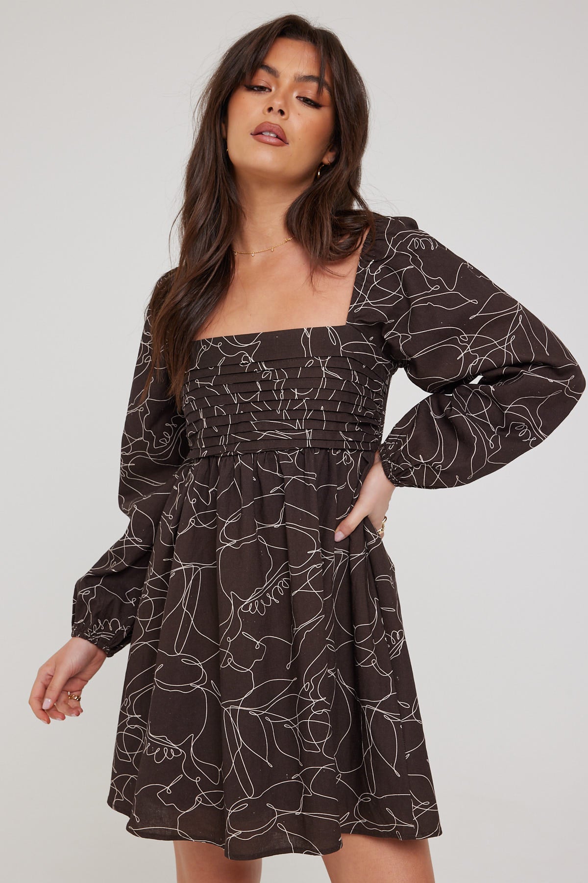 Perfect Stranger Cocoa L/S Wishlist Mini Dress Linen Blend Brown Print