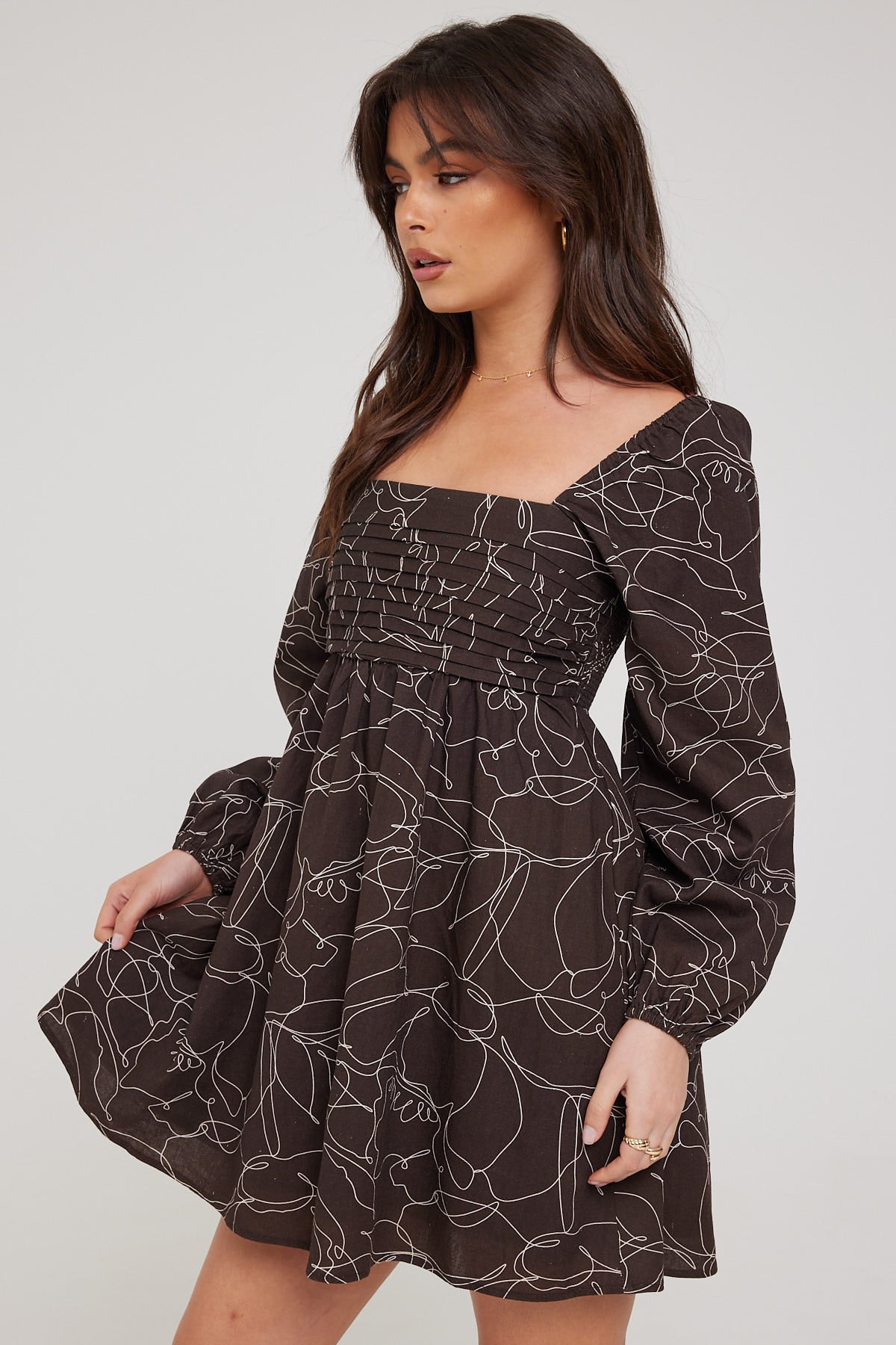 Perfect Stranger Cocoa L/S Wishlist Mini Dress Linen Blend Brown Print