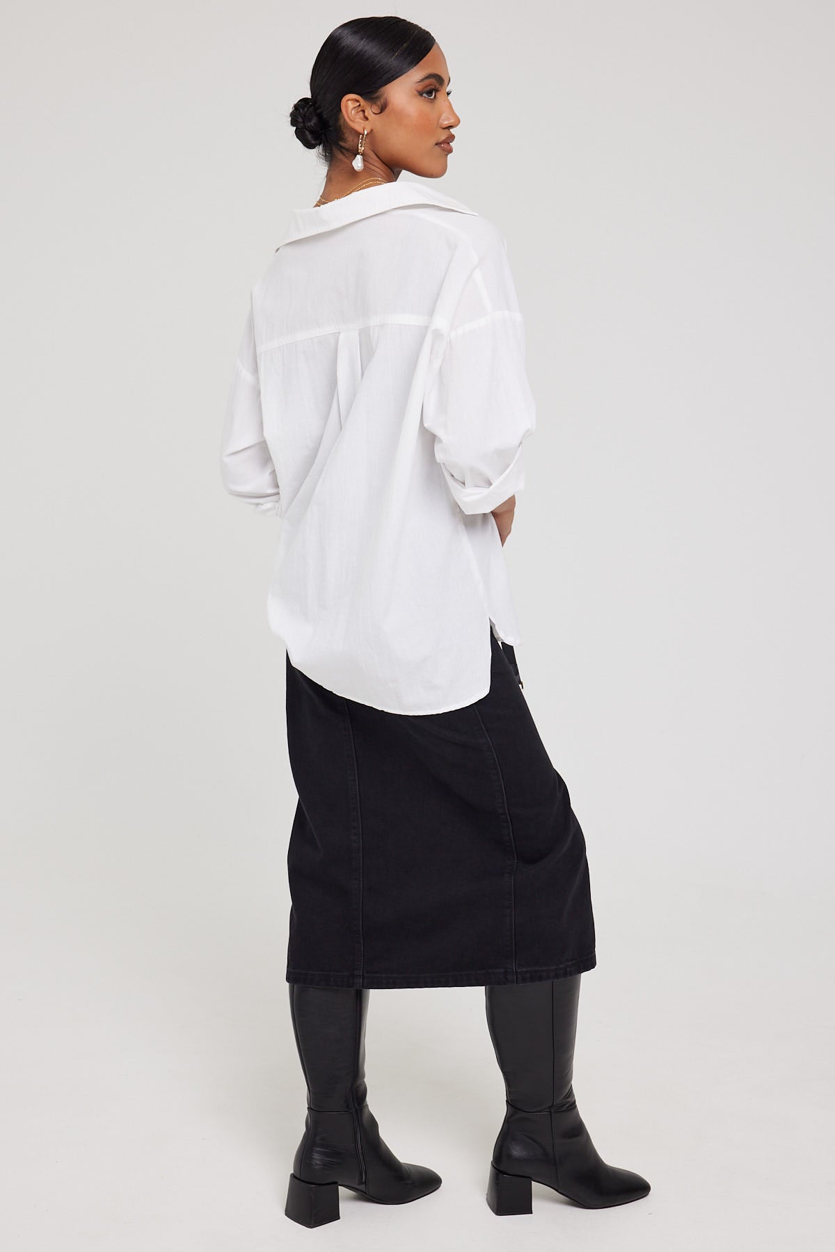 Perfect Stranger High Waist Split Denim Midi Skirt Black Wash