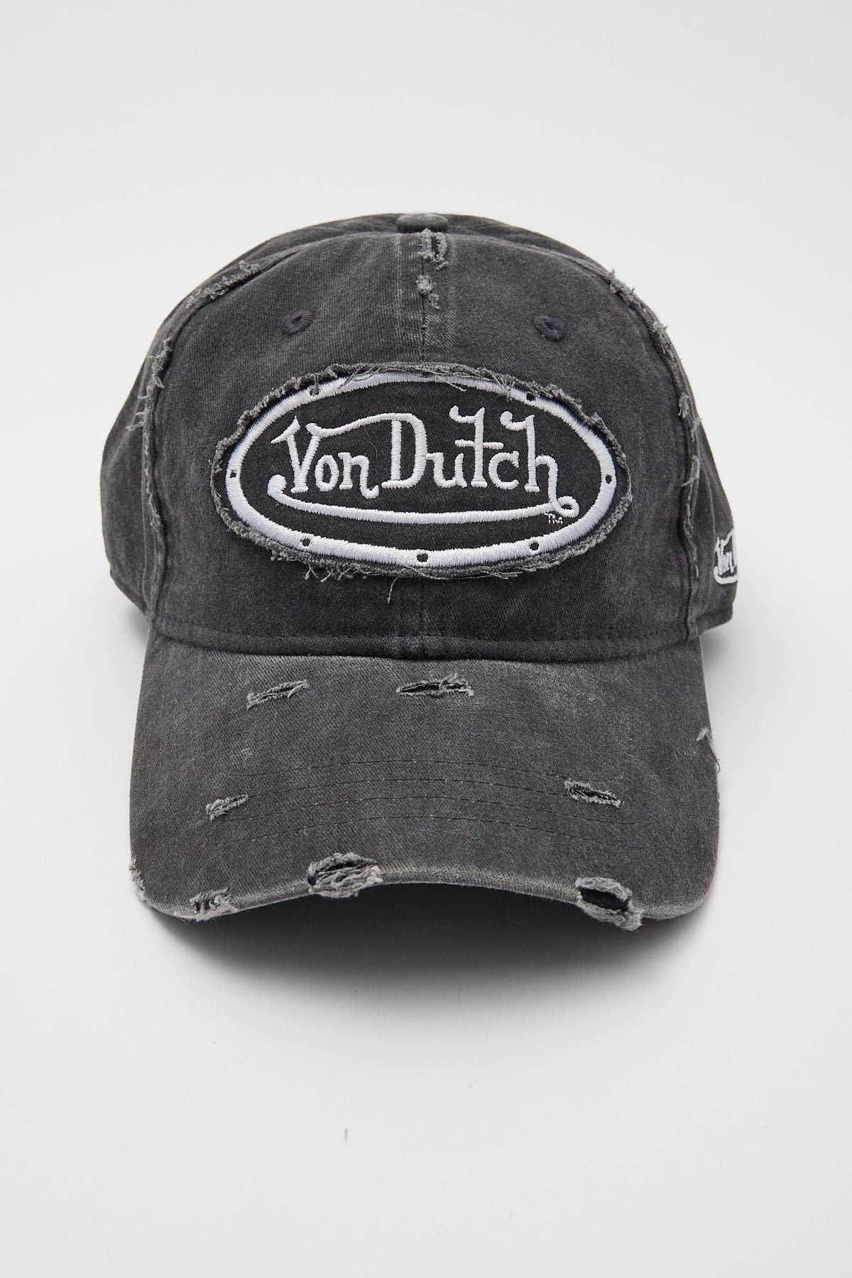 Von Dutch Washed Black Canvas Embroidery Patch Destroyed Wash Cap Black Wash/Grey Embro