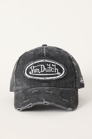 Von Dutch Washed Black Canvas Embroidery Patch Destroyed Wash Cap Black Wash/Grey Embro