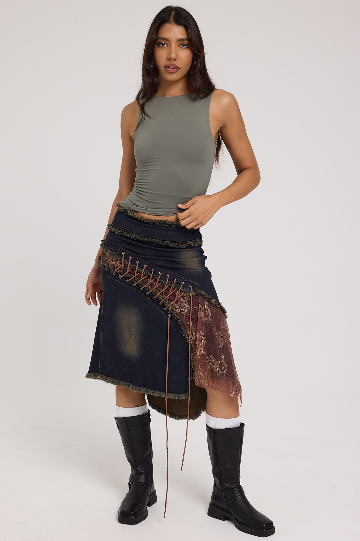 Basic Pleasure Mode Poison Ivy Lace Skirt Blue Brown