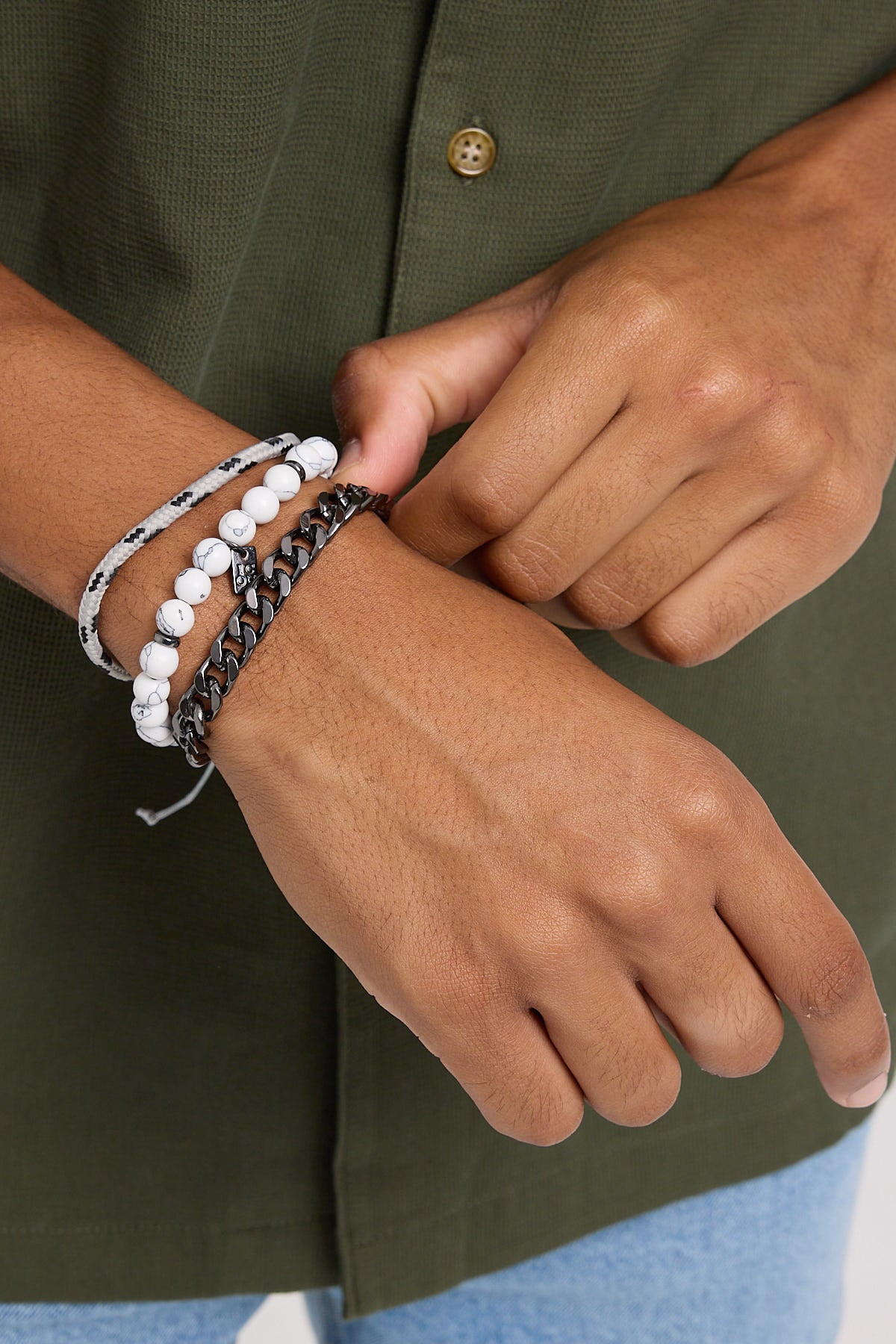 Icon Brand Bead, Cord & Chain Bracelet White