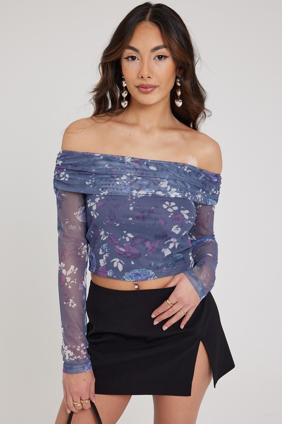 Luck & Trouble Blueberry Hearts Off The Shoulder Top Blue Print