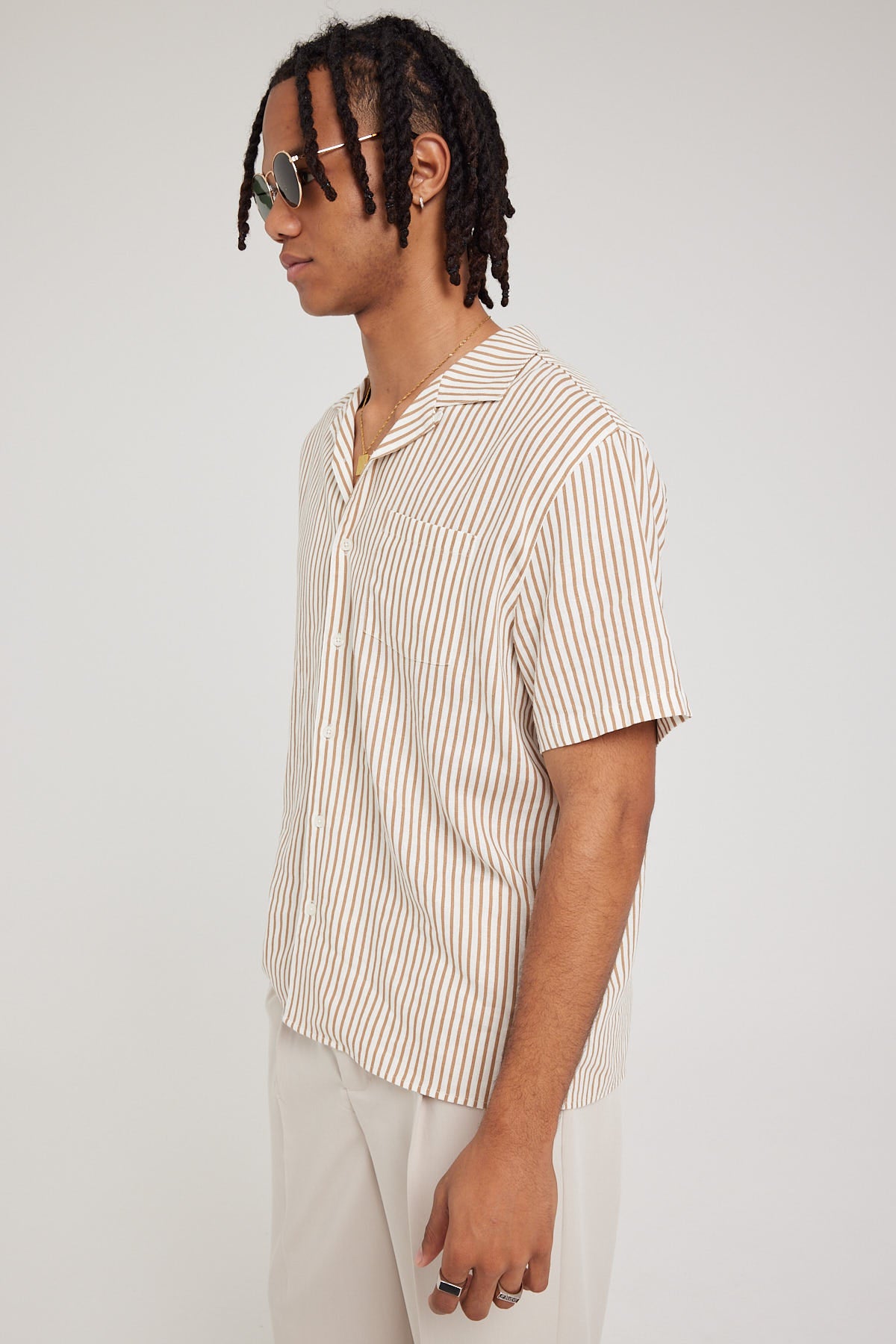 Common Need Reality Resort Collar Shirt Tan Stripe
