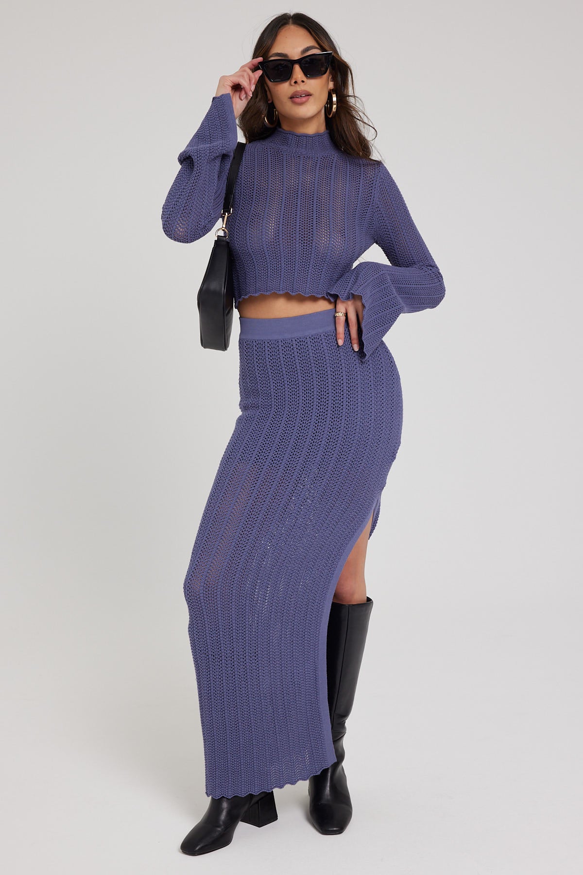 Perfect Stranger Crochet Split Maxi Skirt Blue