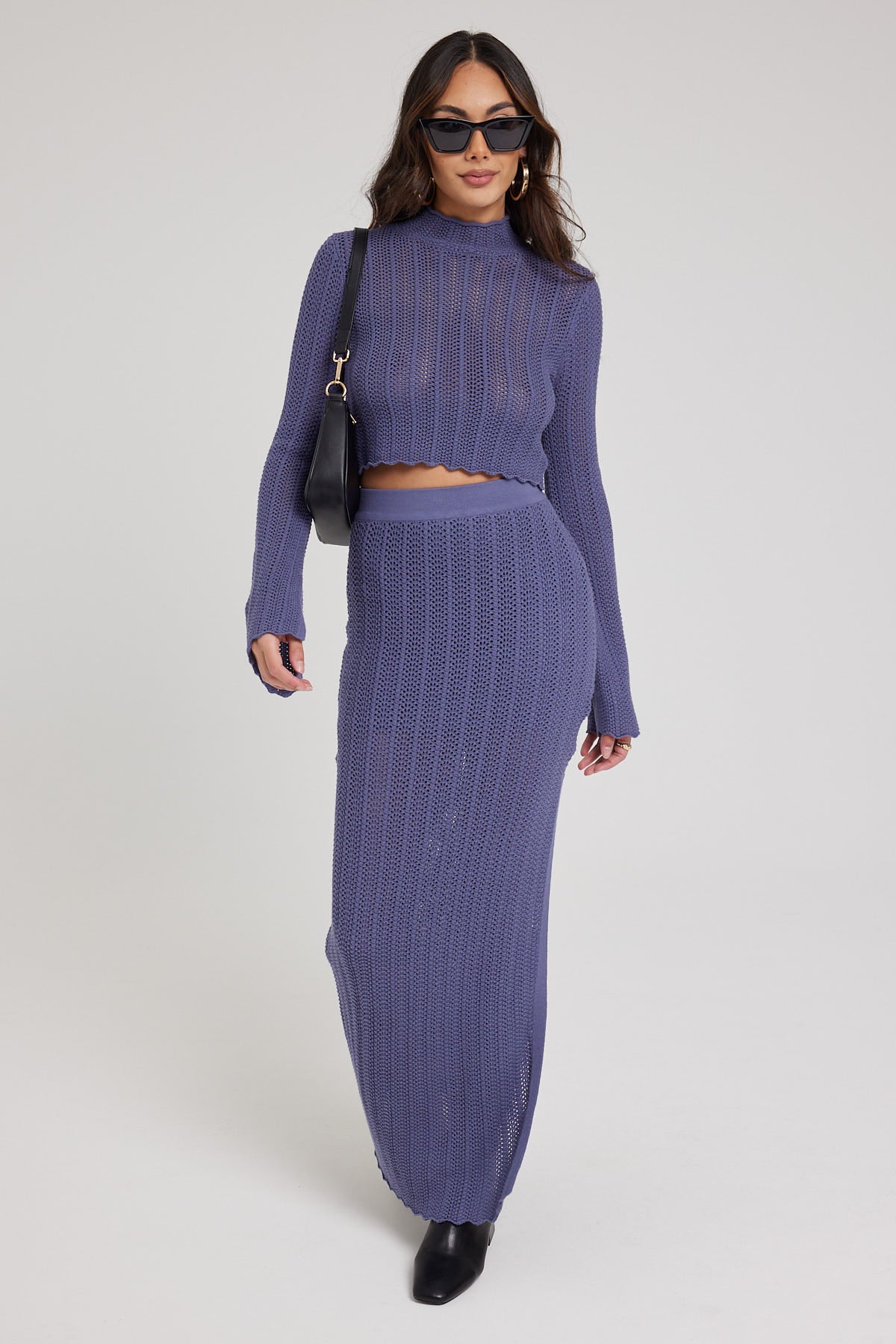 Perfect Stranger Crochet Split Maxi Skirt Blue