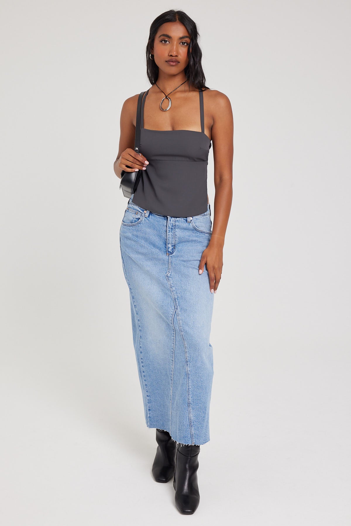 Perfect Stranger Lace Up Back Tie Top Charcoal