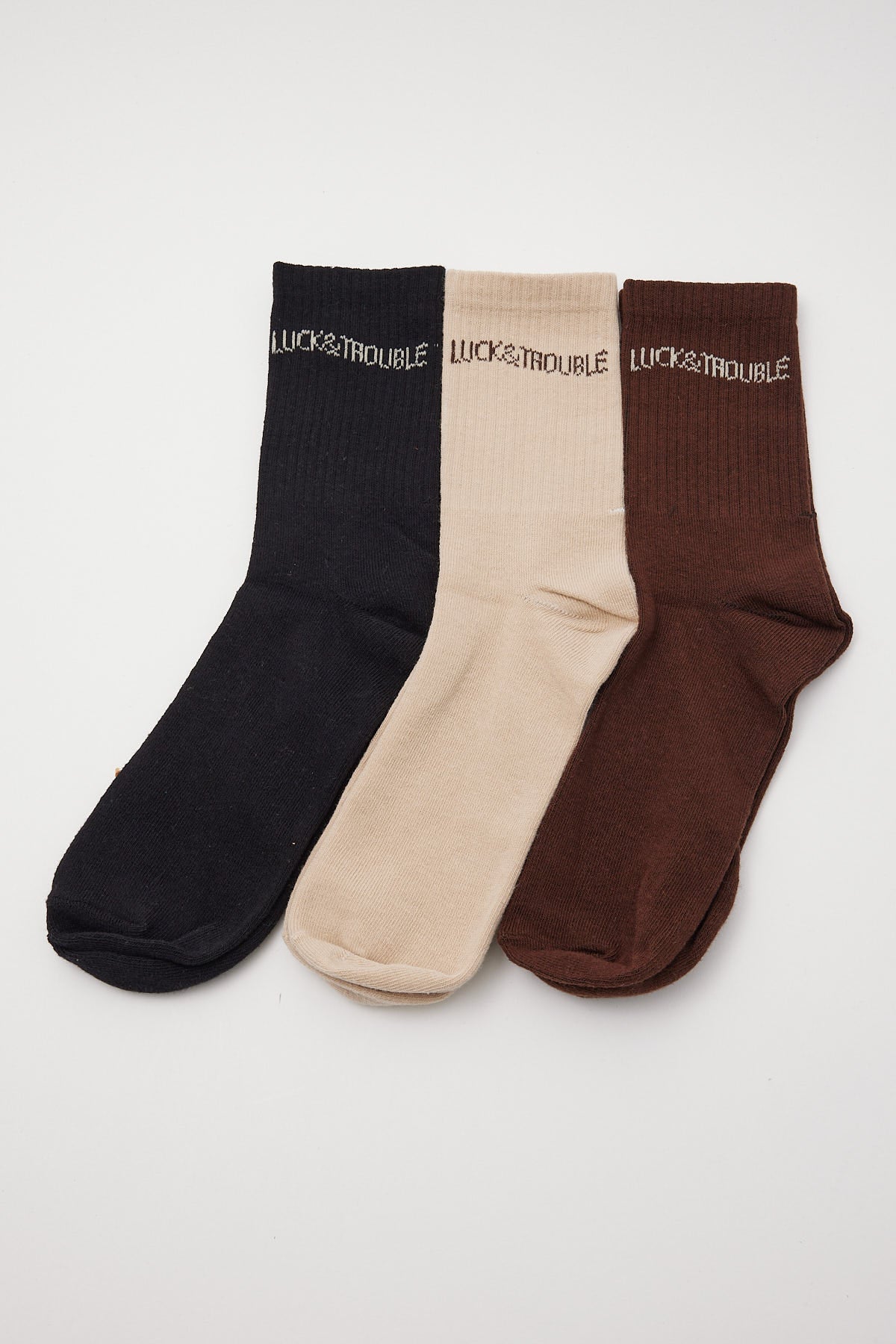 Luck & Trouble Lounge Crew Sock 3 Pack Black/Brown/Oat