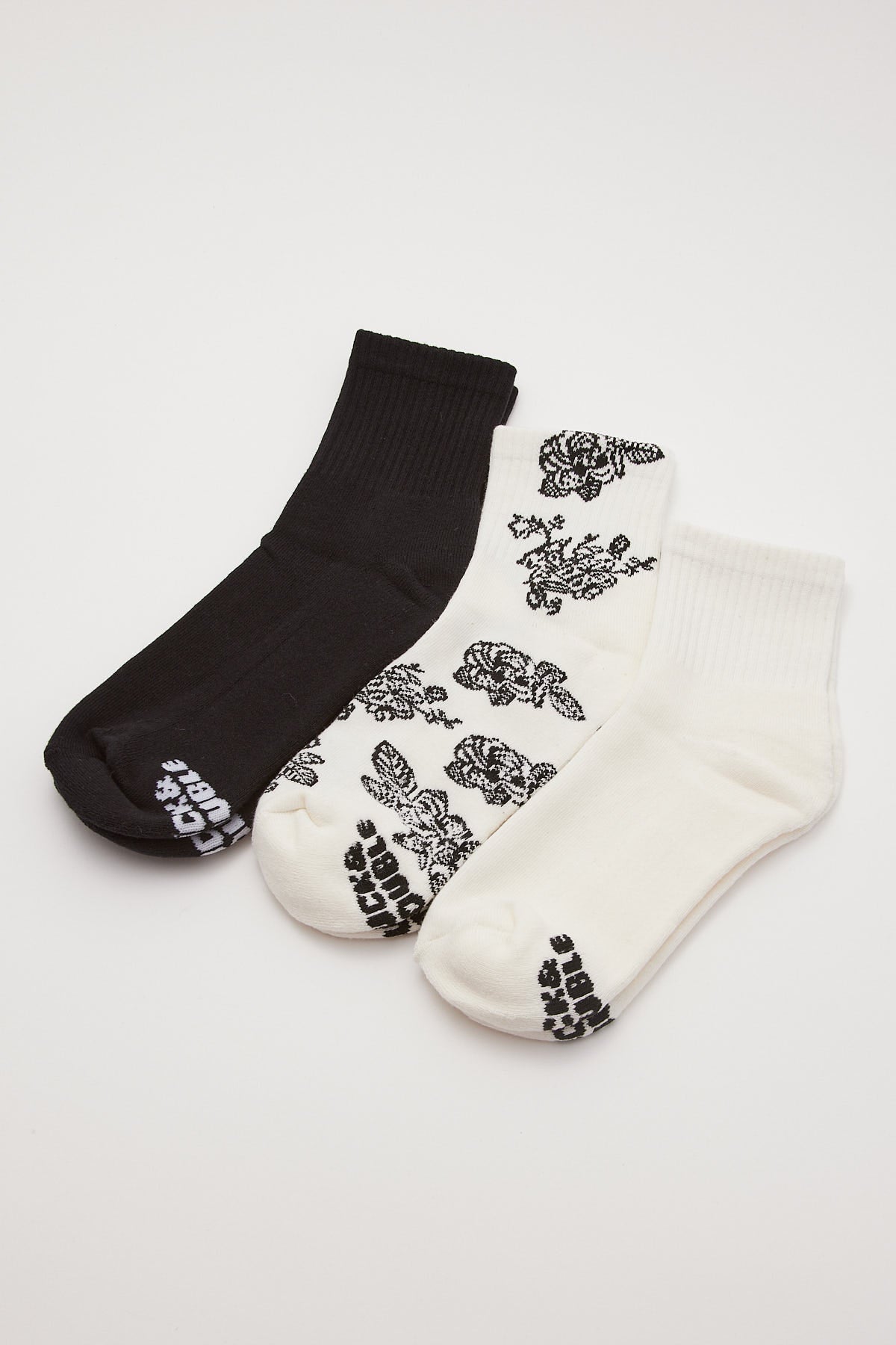 Luck & Trouble Botanics Quarter Crew Sock 3 Pack Black/White/Print