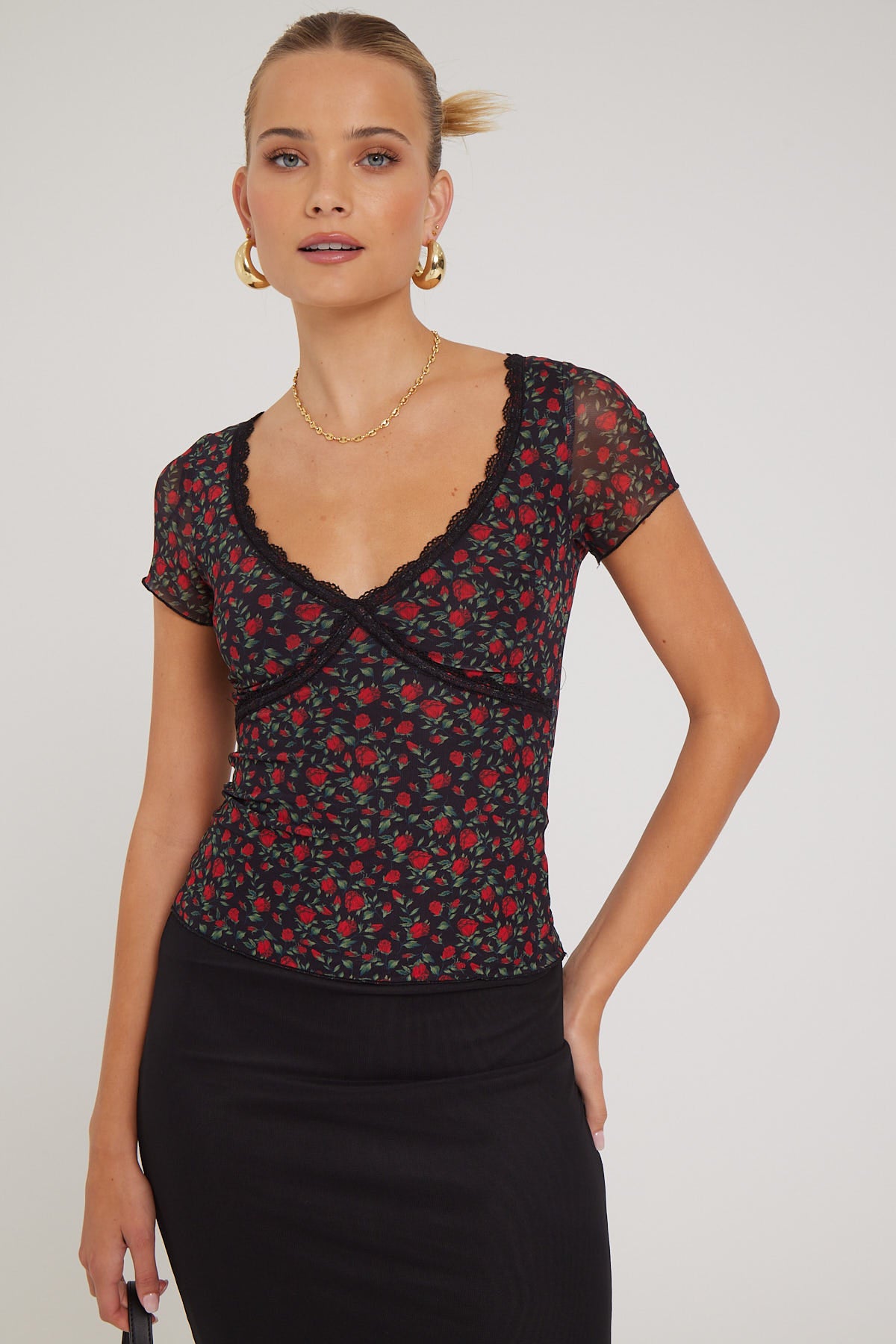 Luck & Trouble Rosie Affair Lace Mesh Top Red Print