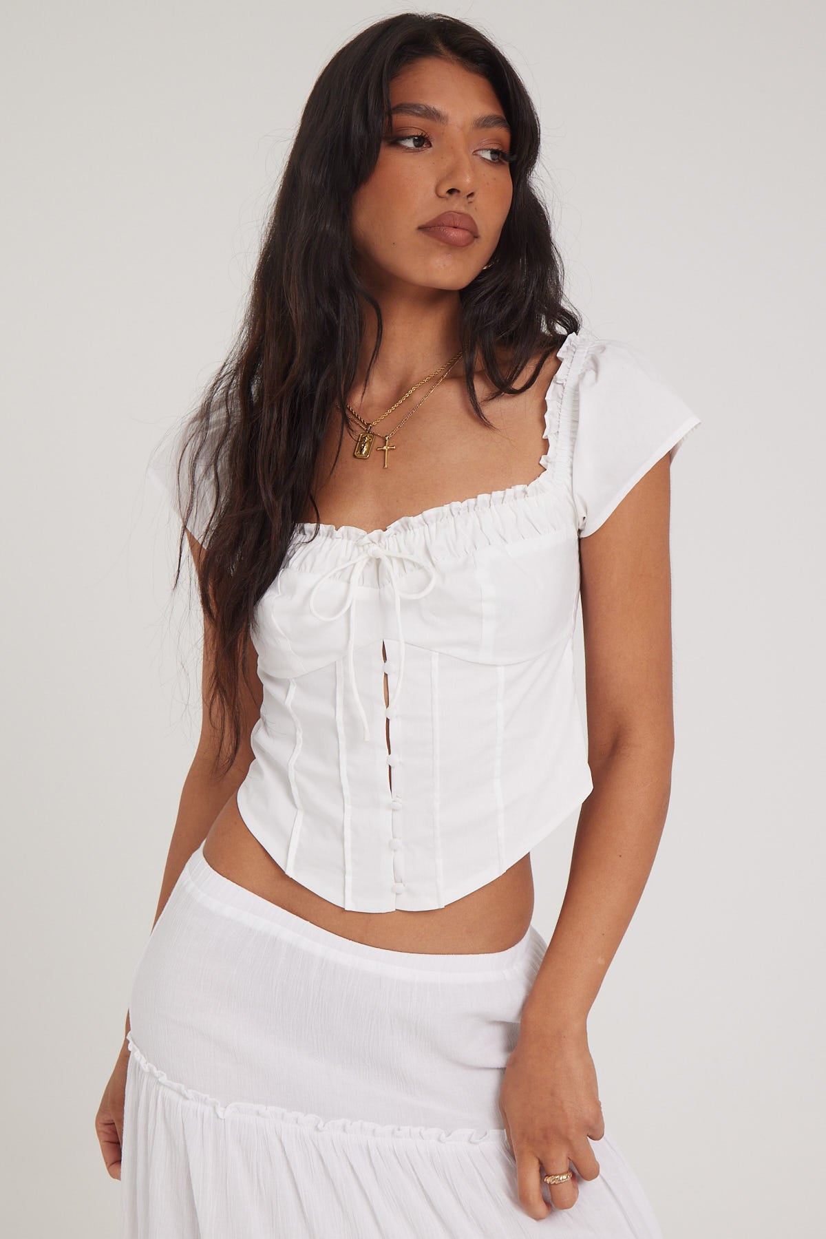 Luck & Trouble Coralie Ruched Neckline Top White