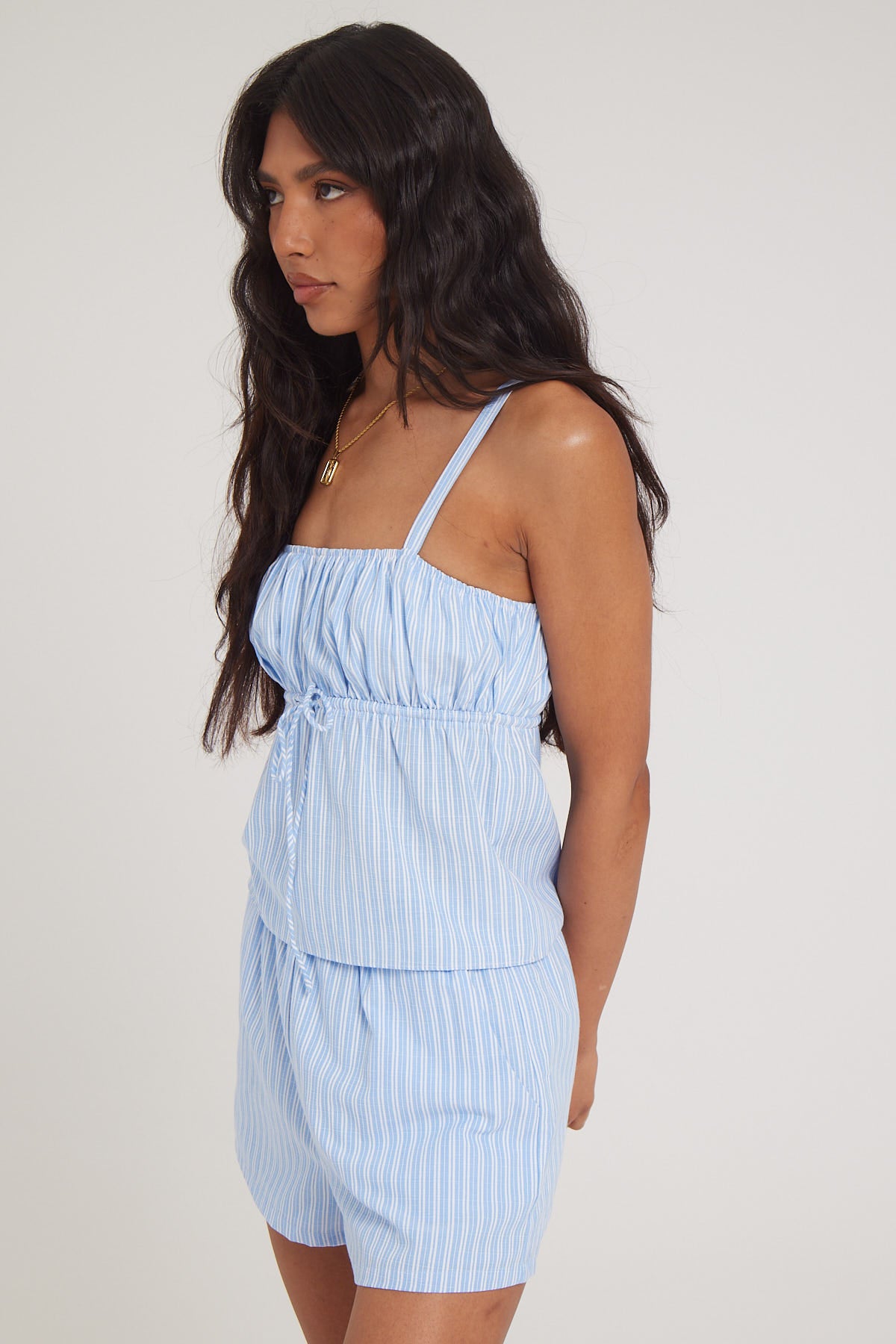Luck & Trouble Sky Stripe Gathered Top Blue Stripe