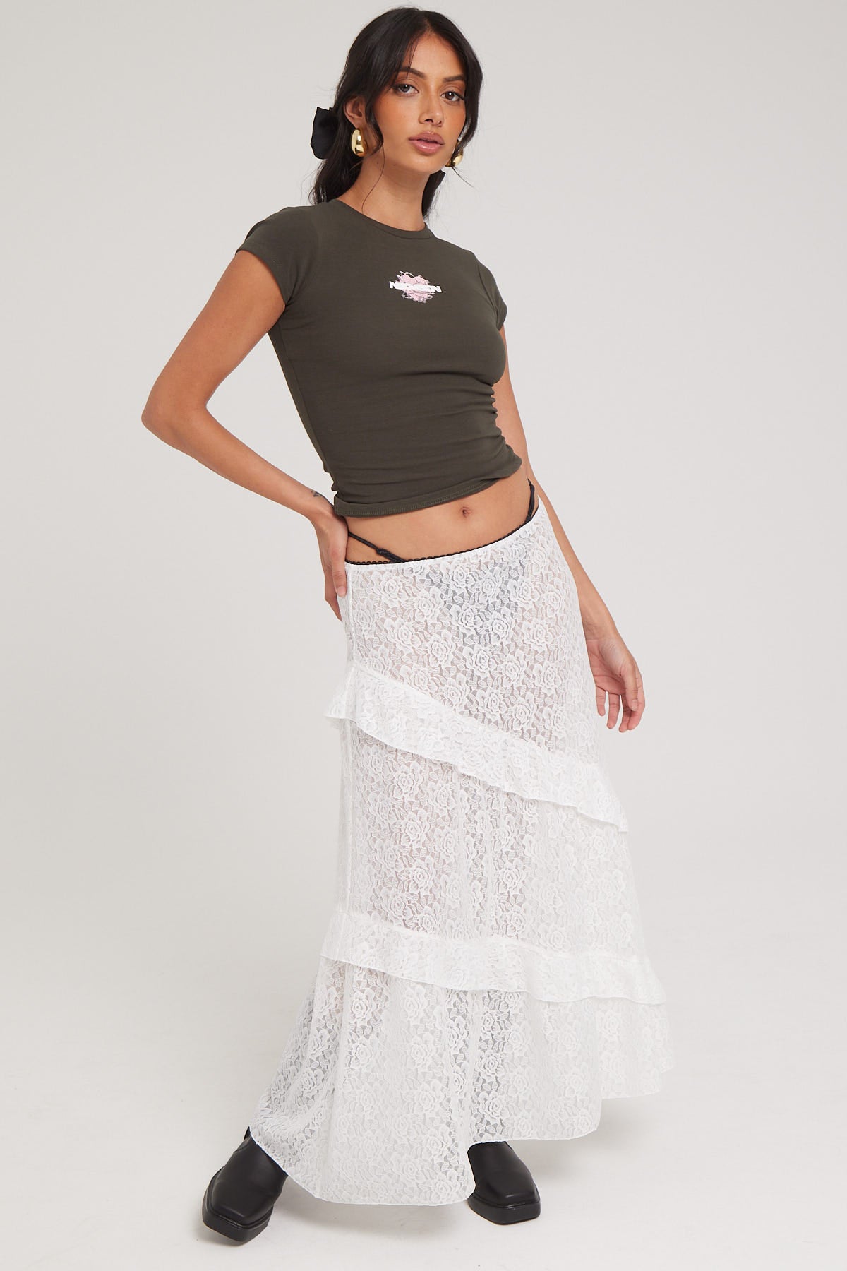 Luck & Trouble Sheer Lace Midi Skirt White