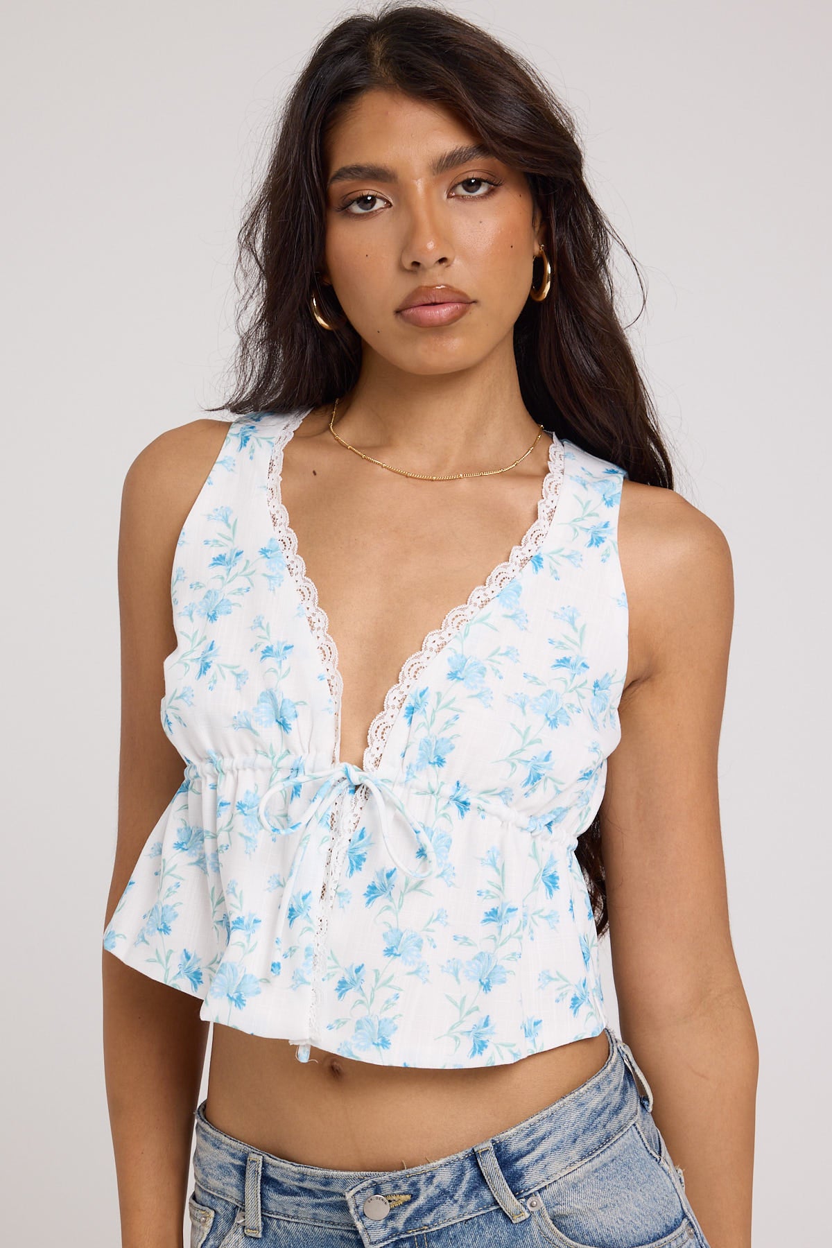 Luck & Trouble Oceanic Wind Tie Front Top White Print
