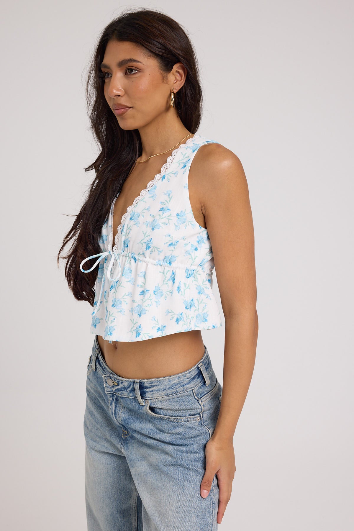 Luck & Trouble Oceanic Wind Tie Front Top White Print