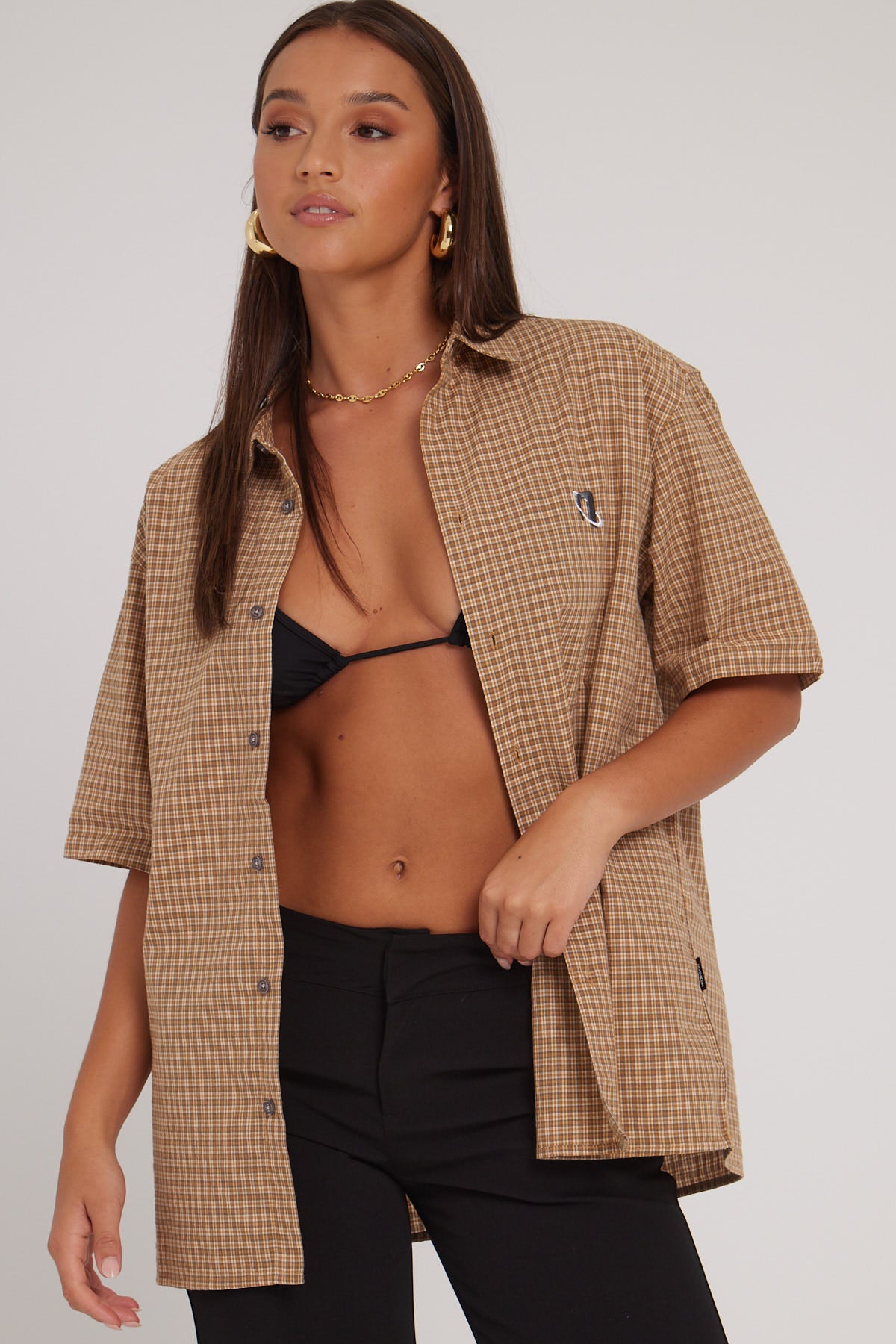 Neovision Arachnid Oversize Cropped Shirt Brown/Taupe Check