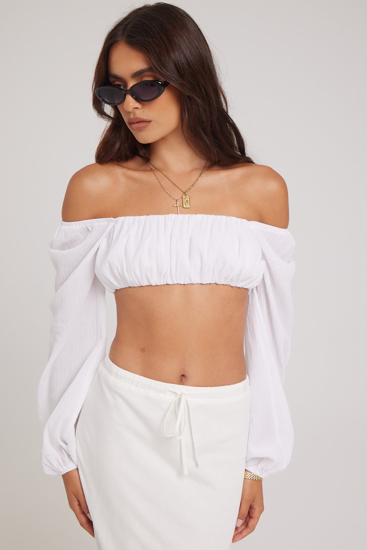 Luck & Trouble Summer Ruched Long Sleeve Crop Top White