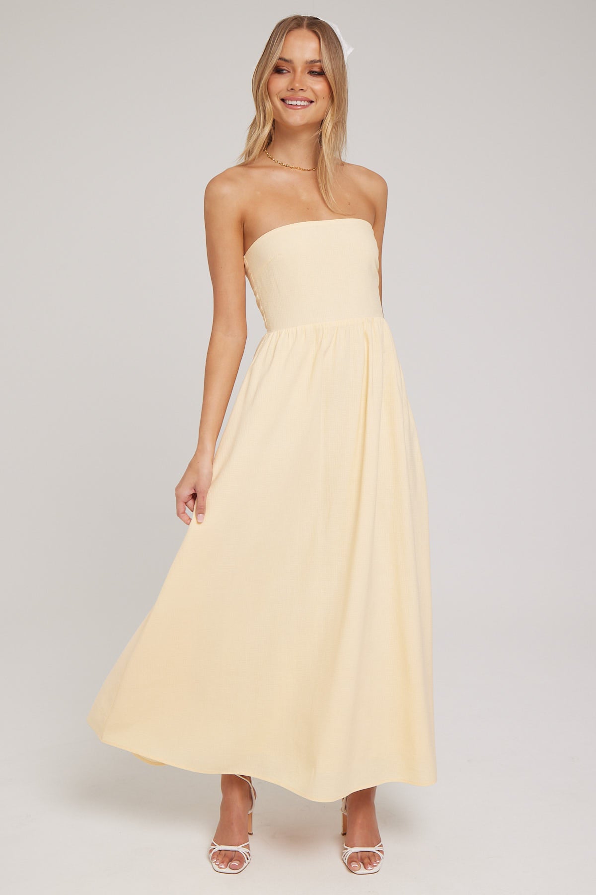 Luck & Trouble Strapless Lace Up Back Maxi Dress Yellow