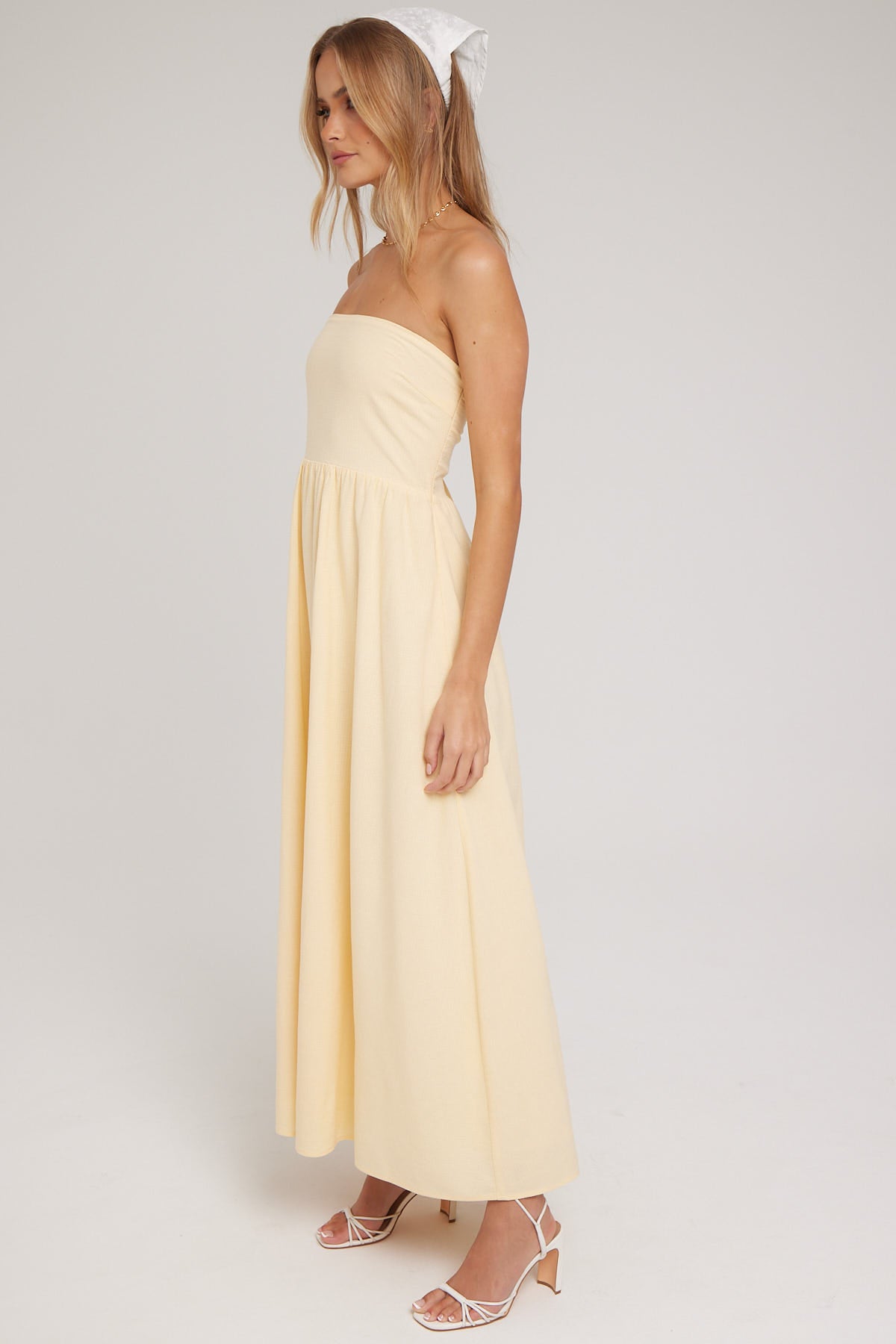 Luck & Trouble Strapless Lace Up Back Maxi Dress Yellow