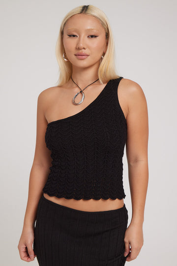 Perfect Stranger Alma Asymmetrical Crochet Knit Top Black