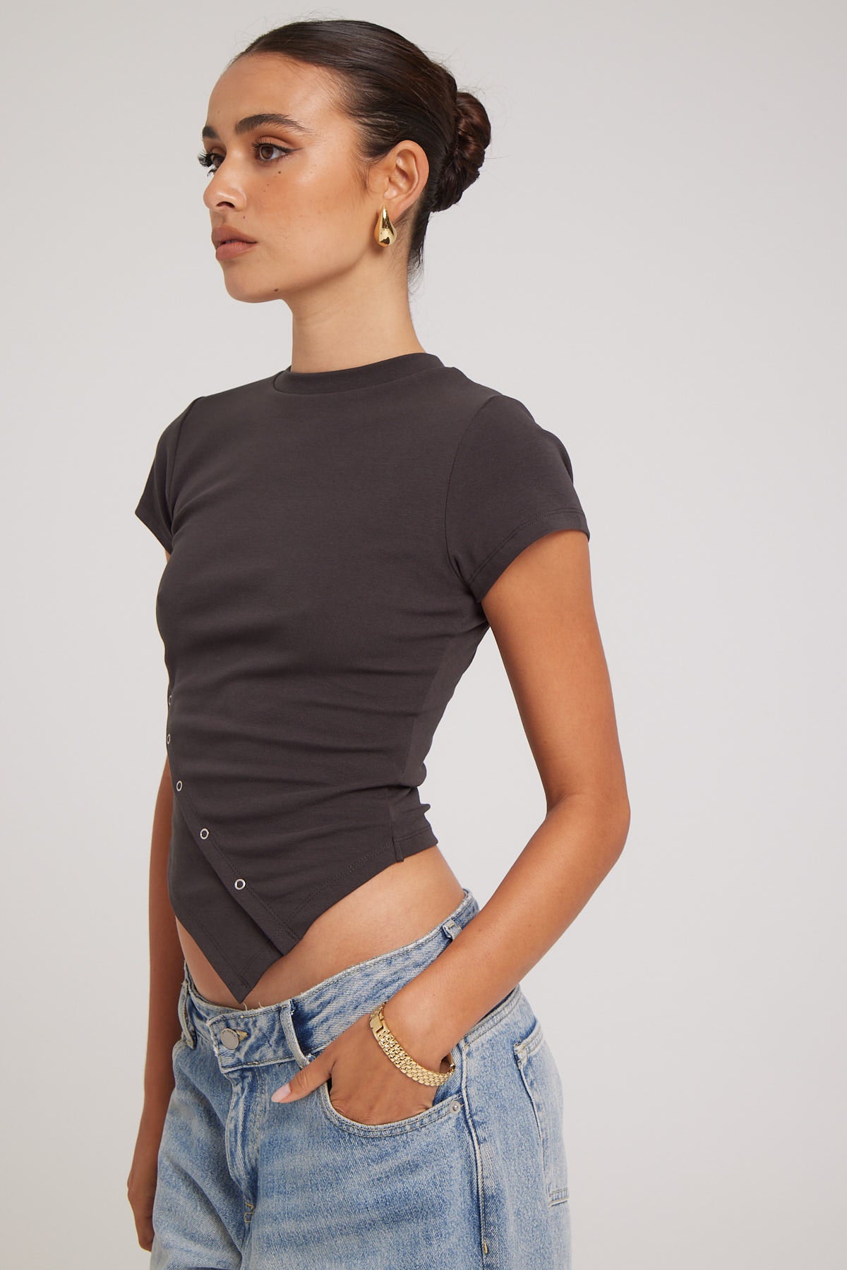 Luck & Trouble Asymmetrical Press Stud Tee Charcoal