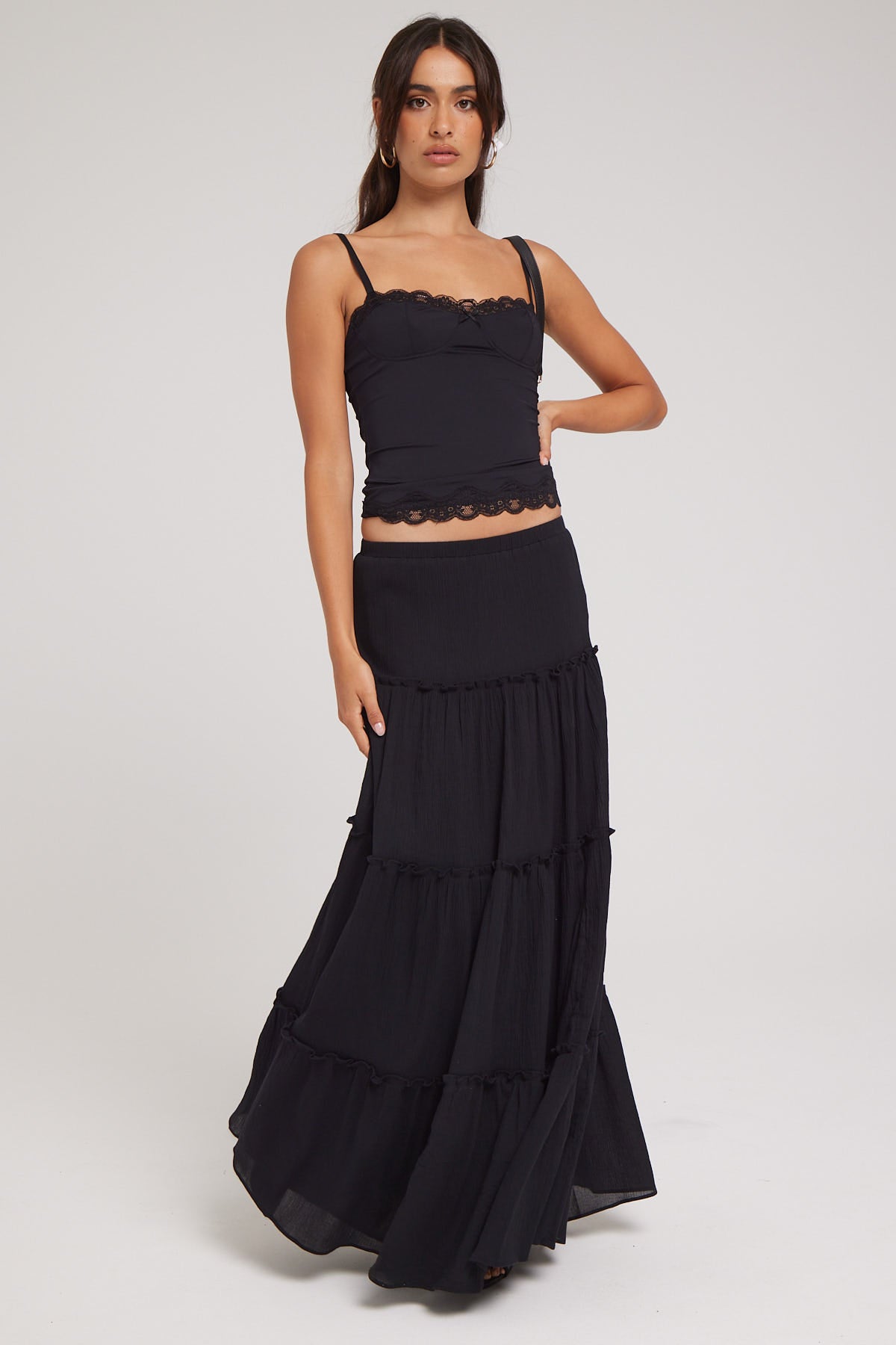 Luck & Trouble Summer Tiered Maxi Skirt Black