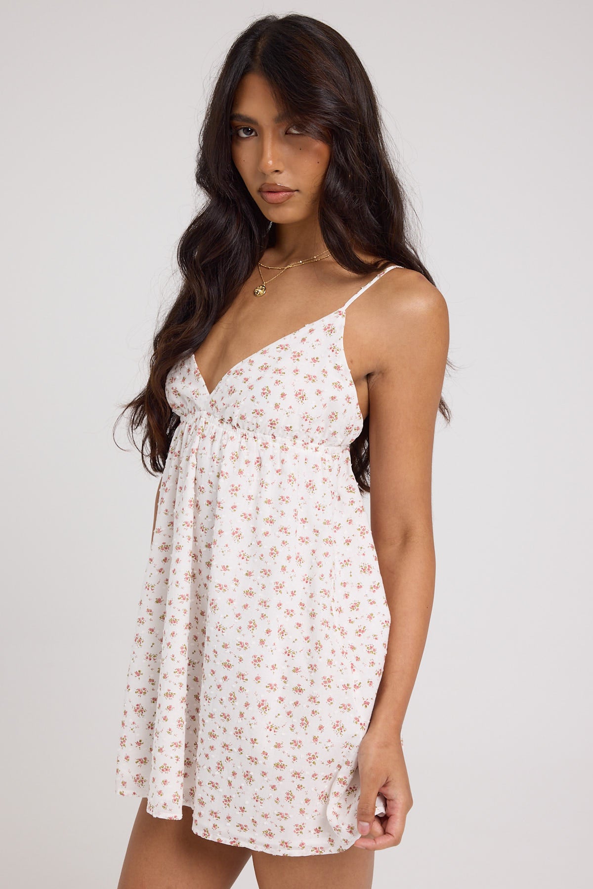 Luck & Trouble Posed Rose Floral Mini Dress White Print