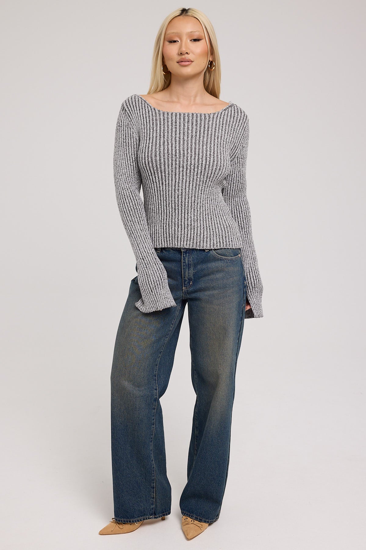 Luck & Trouble Up Town Ribbed Knit Sweater Grey