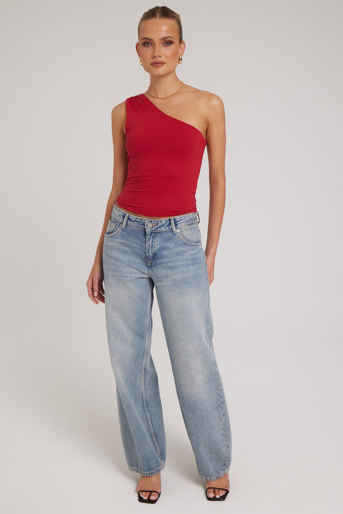 L&t Ruched One Shoulder Top Red
