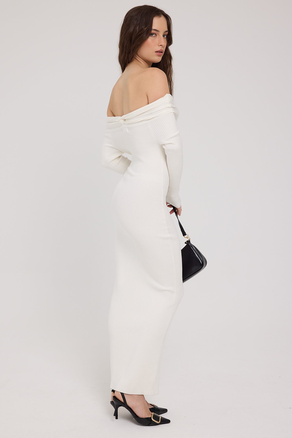 Luck & Trouble Twist Off Shoulder Knit Midi Dress White