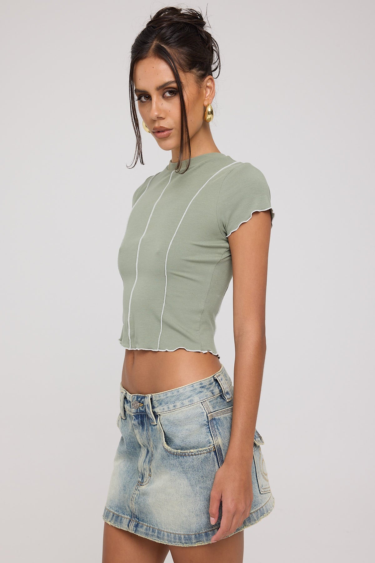 Luck & Trouble Contrast Exposed Seam Baby Tee Khaki Green