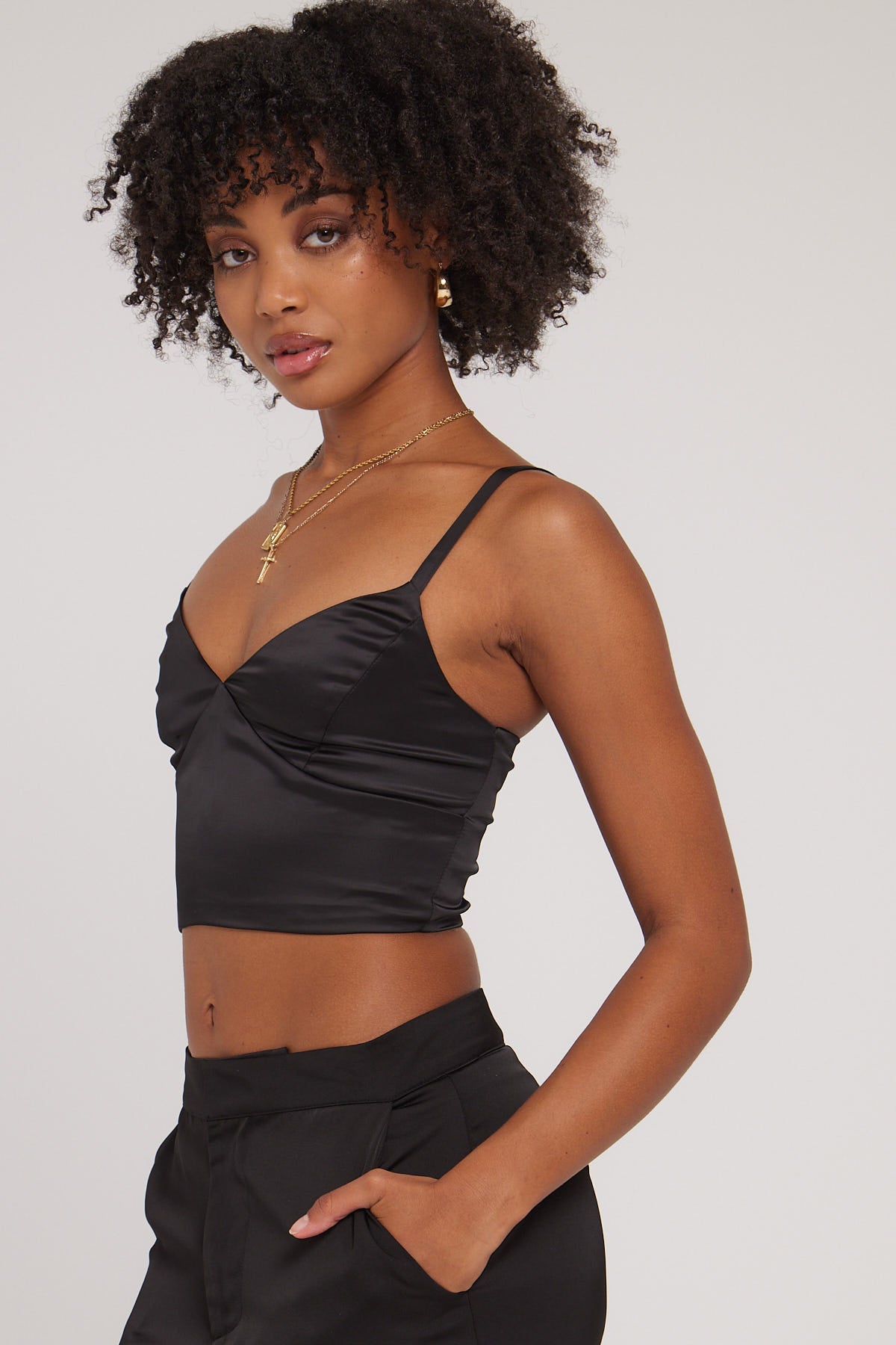 Luck & Trouble Clara Satin Lace Up Back Top Black