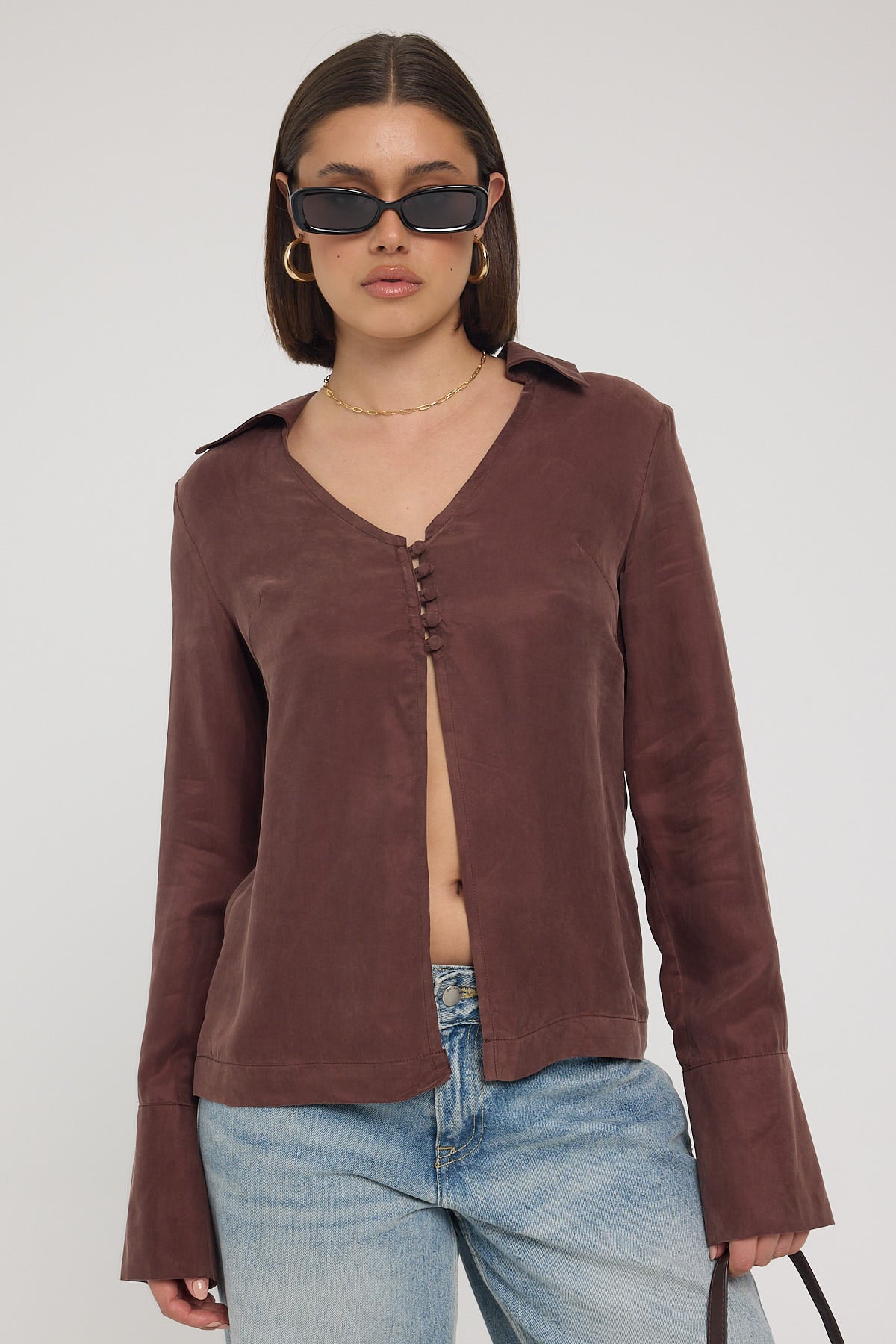Perfect Stranger Prisca Open Front Button Up Cupro Shirt Brown ...
