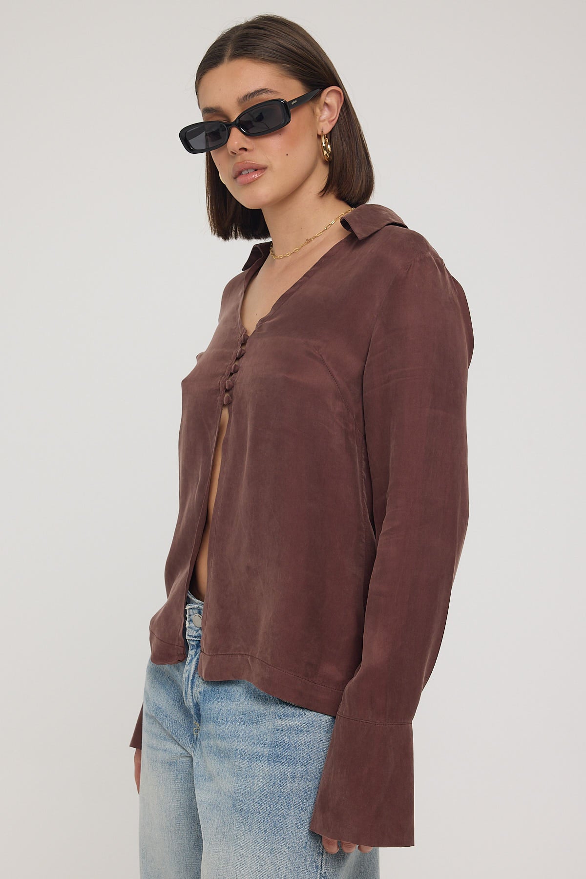 Perfect Stranger Prisca Open Front Button Up Cupro Shirt Brown ...