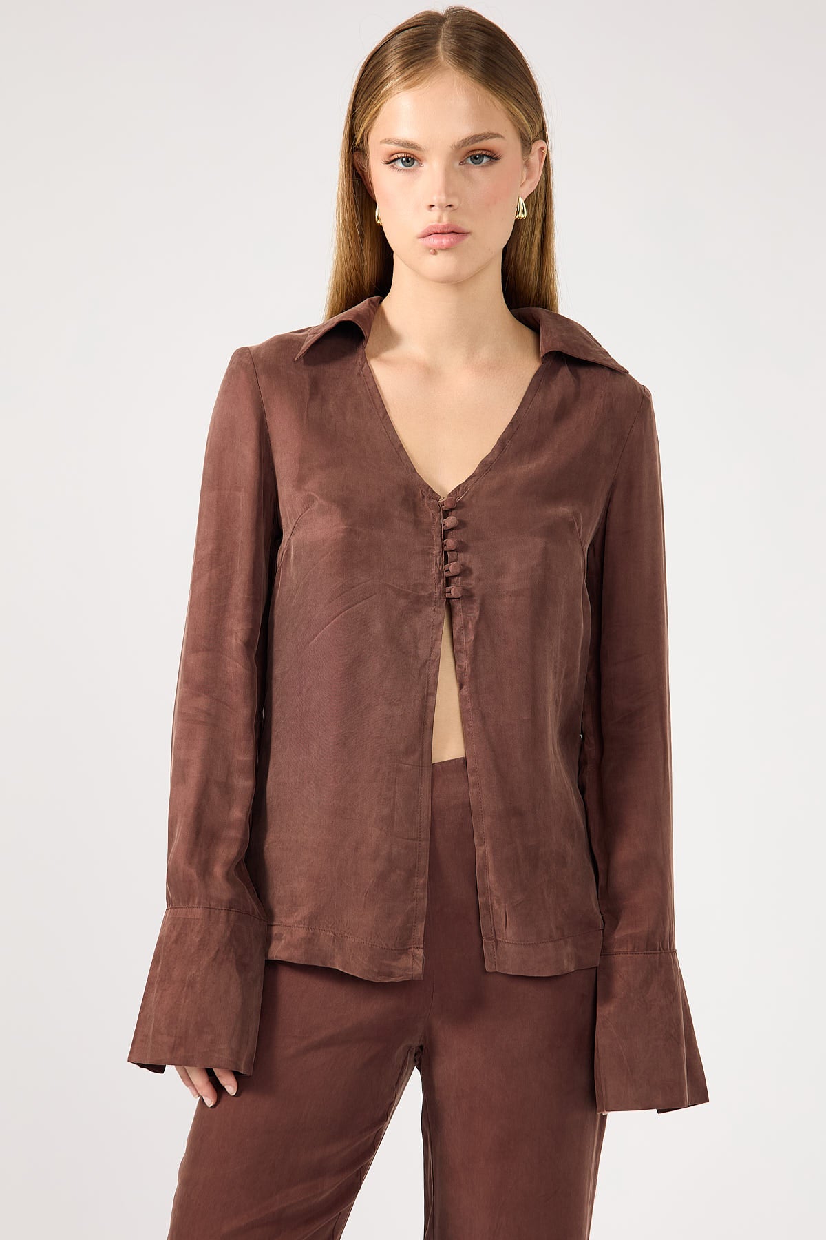 Perfect Stranger Prisca Open Front Button Up Cupro Shirt Brown ...