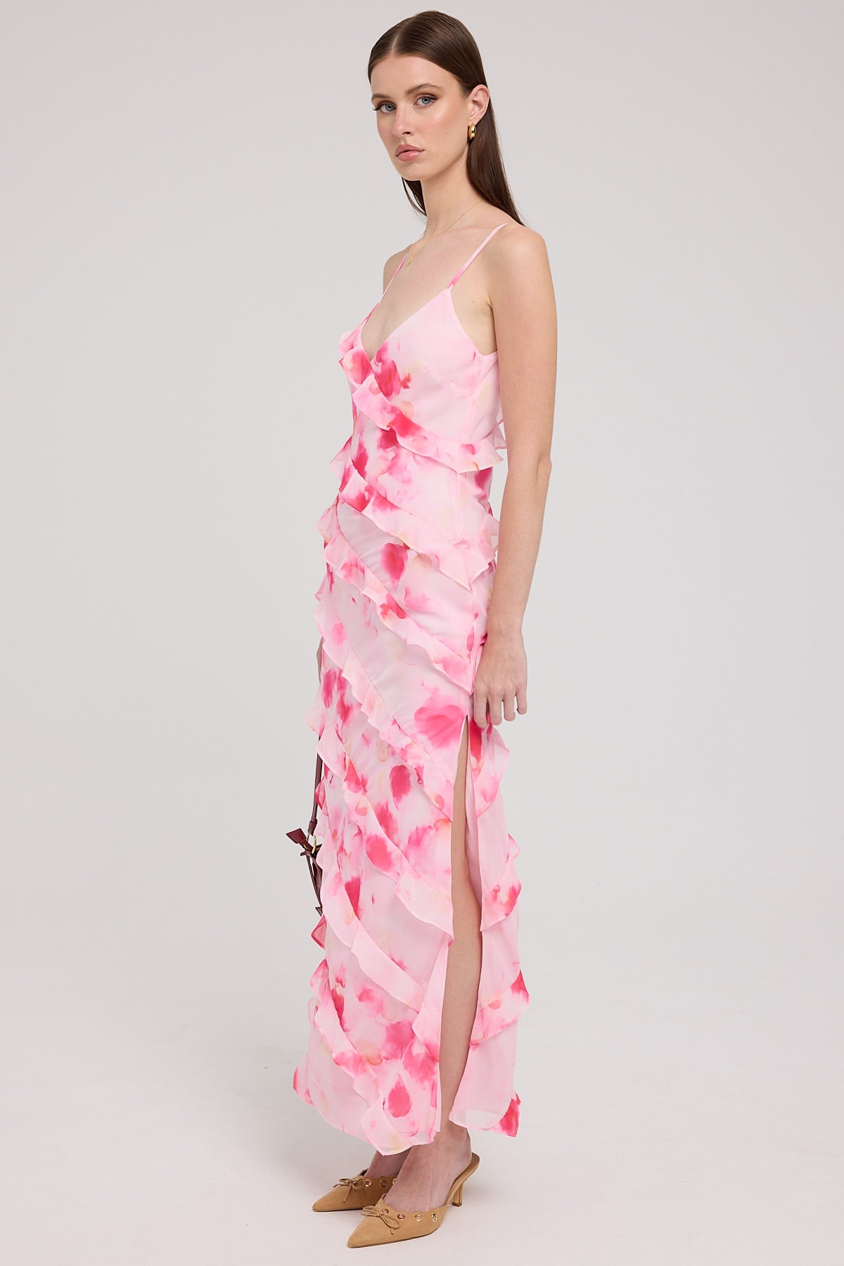 Luck & Trouble Chiffon Ruffle Blooms Maxi Dress Pink Print