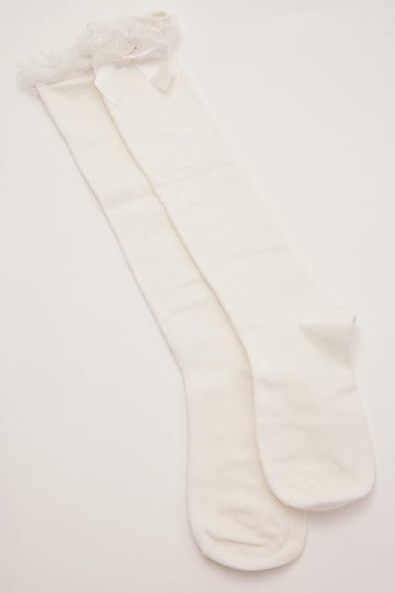 Token Long Lace Frill Bow Sock White
