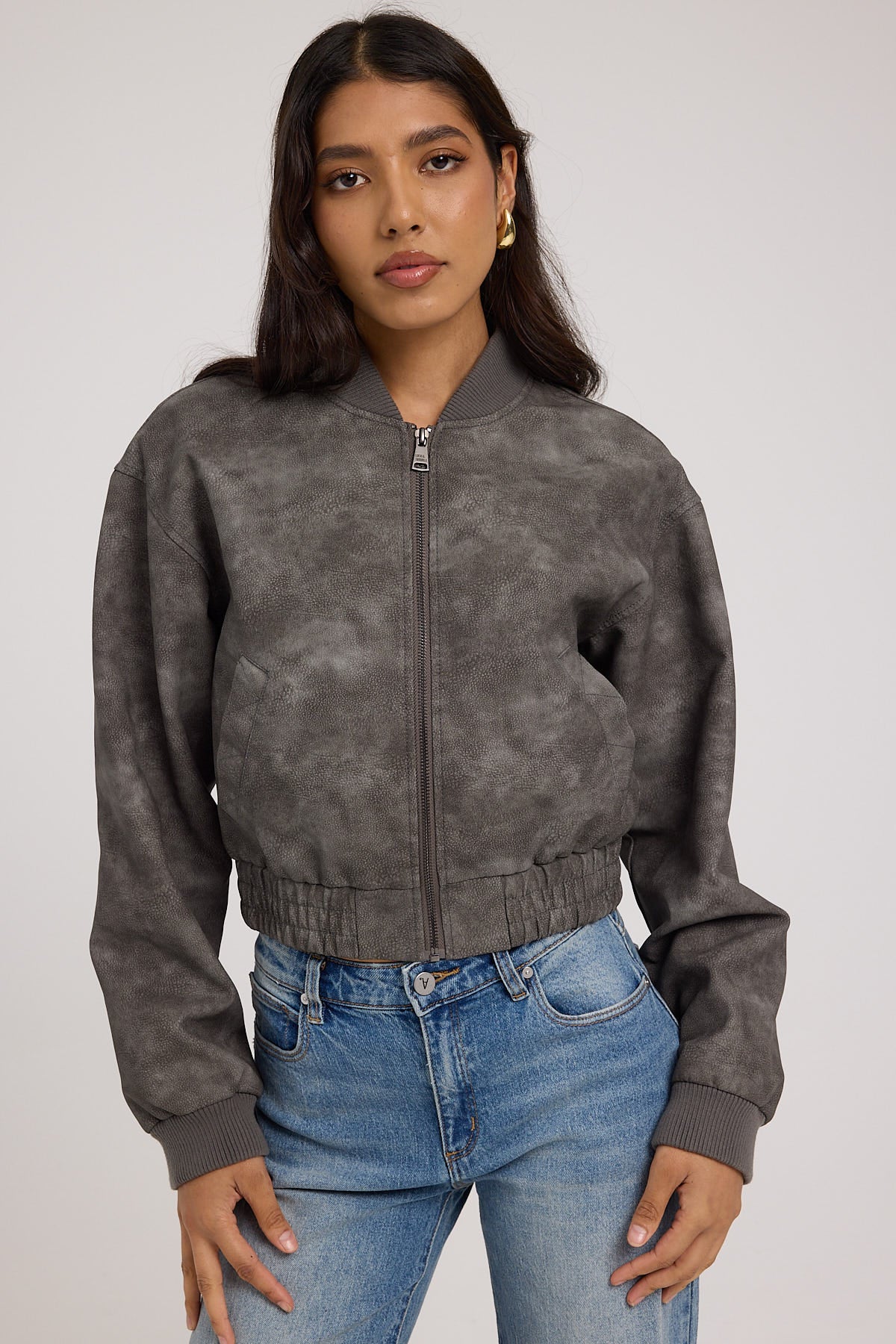 Luck & Trouble Cosmos Distressed Bomber Jacket Grey