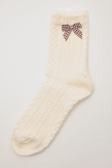 Token Cable Knit Bow Socks Cream and Brown Gingham