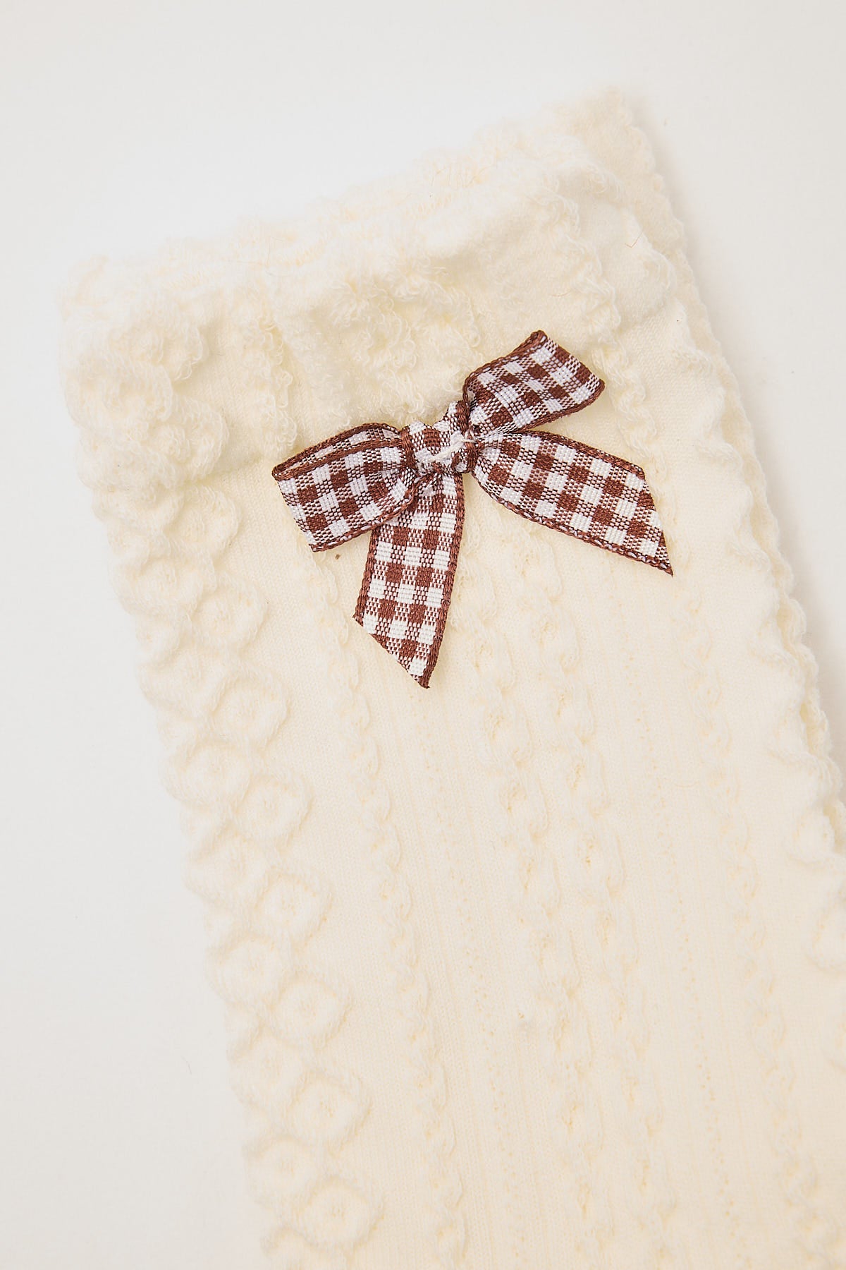 Token Cable Knit Bow Socks Cream and Brown Gingham